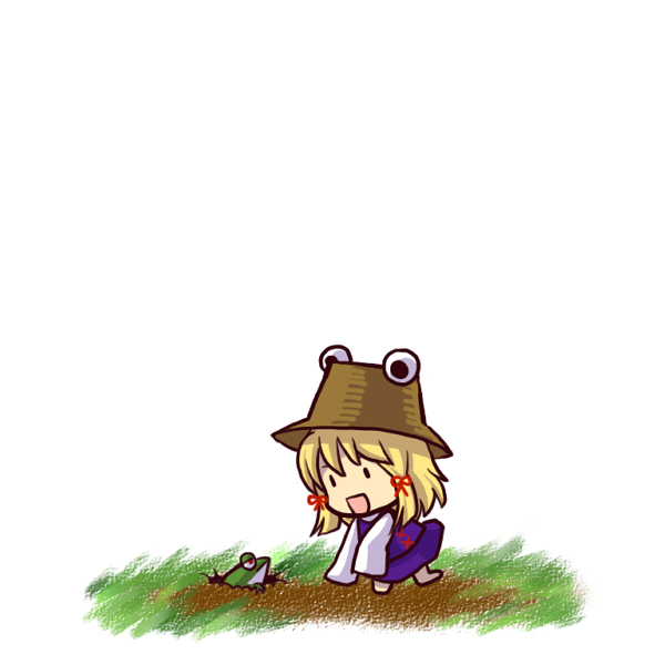 socha, moriya suwako, touhou, 1girl, blonde hair, chibi, female focus, frog, grass, hat, long sleeves, open mouth, outdoors, short hair, simple background, solo, white background