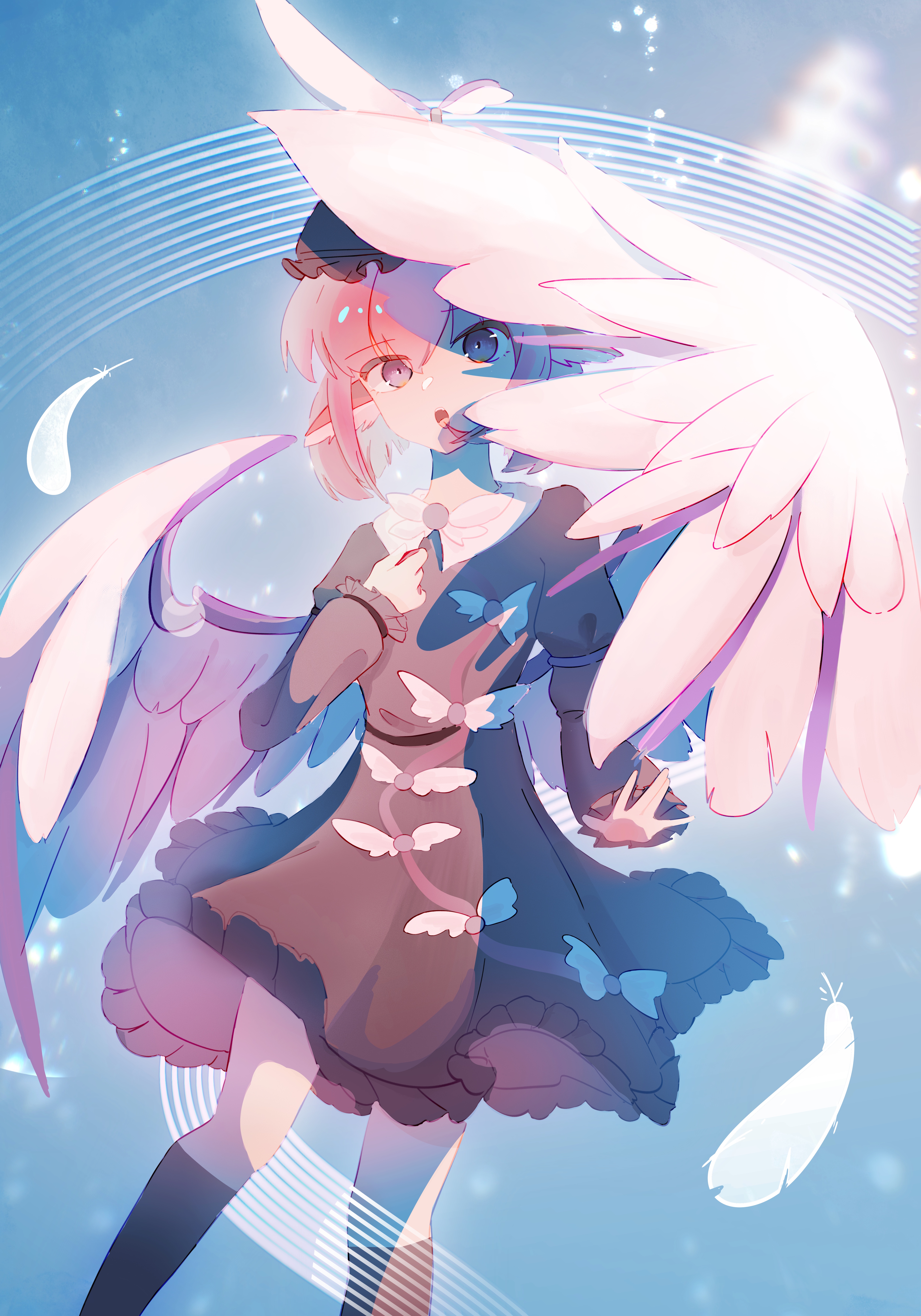 mystia lorelei, touhou, absurdres, highres, 1girl, aicc, animal ears, bird ears, bird wings, blue headscarf, bow, brown dress, brown hat, brown kimono, dress, food stand, hat, headscarf, japanese clothes, jewelry, kimono, music, open mouth, pink hair, red eyes, shirt, shoes, short hair, singing, sleeve garter, solo, white wings, winged hat, winged shoes, wings, yatai