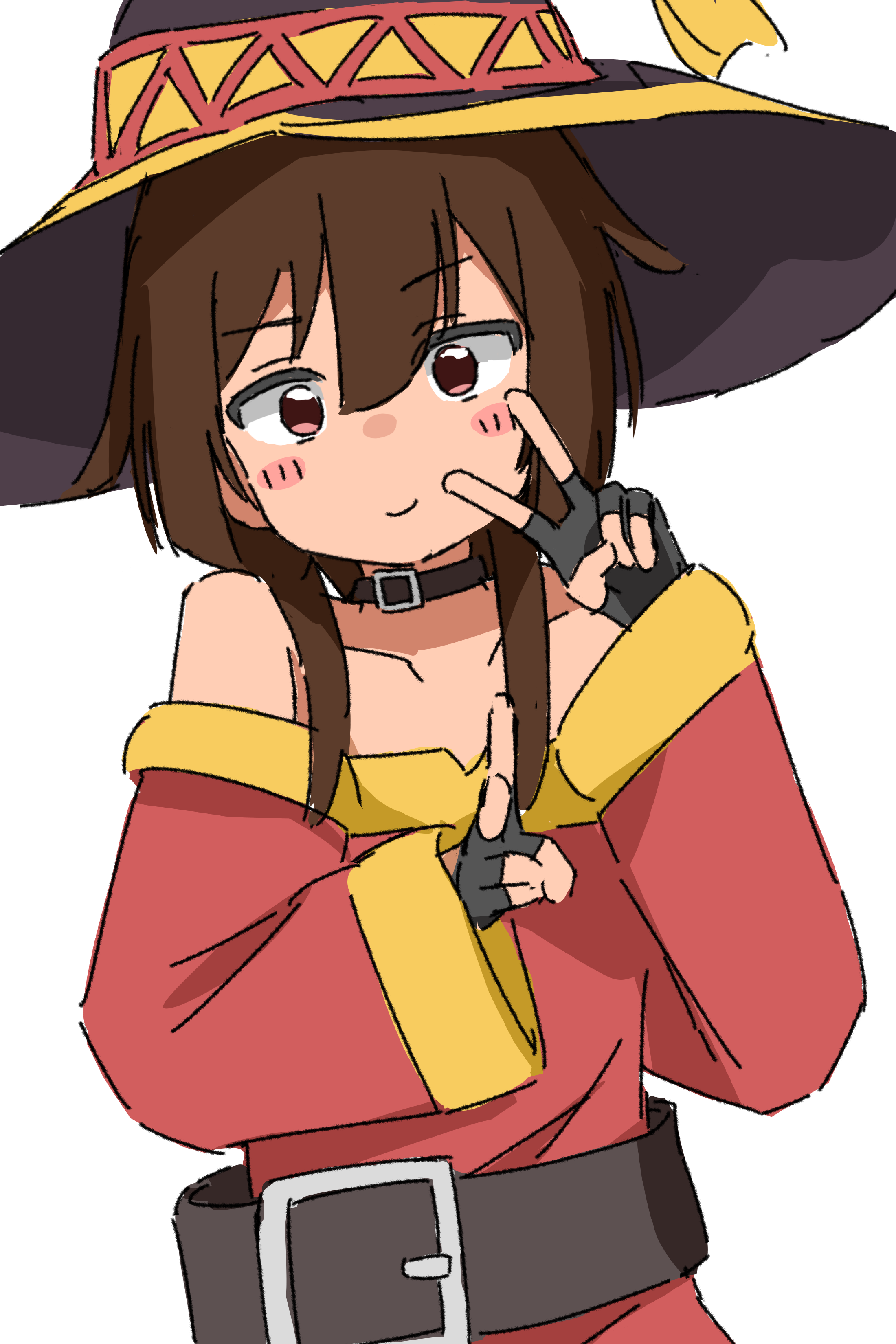 megumin, kono subarashii sekai ni shukufuku wo!, absurdres, highres, 1girl, bare shoulders, blush, gloves, hat, kendama club, magical girl, simple background, solo, standing, top hat, white background