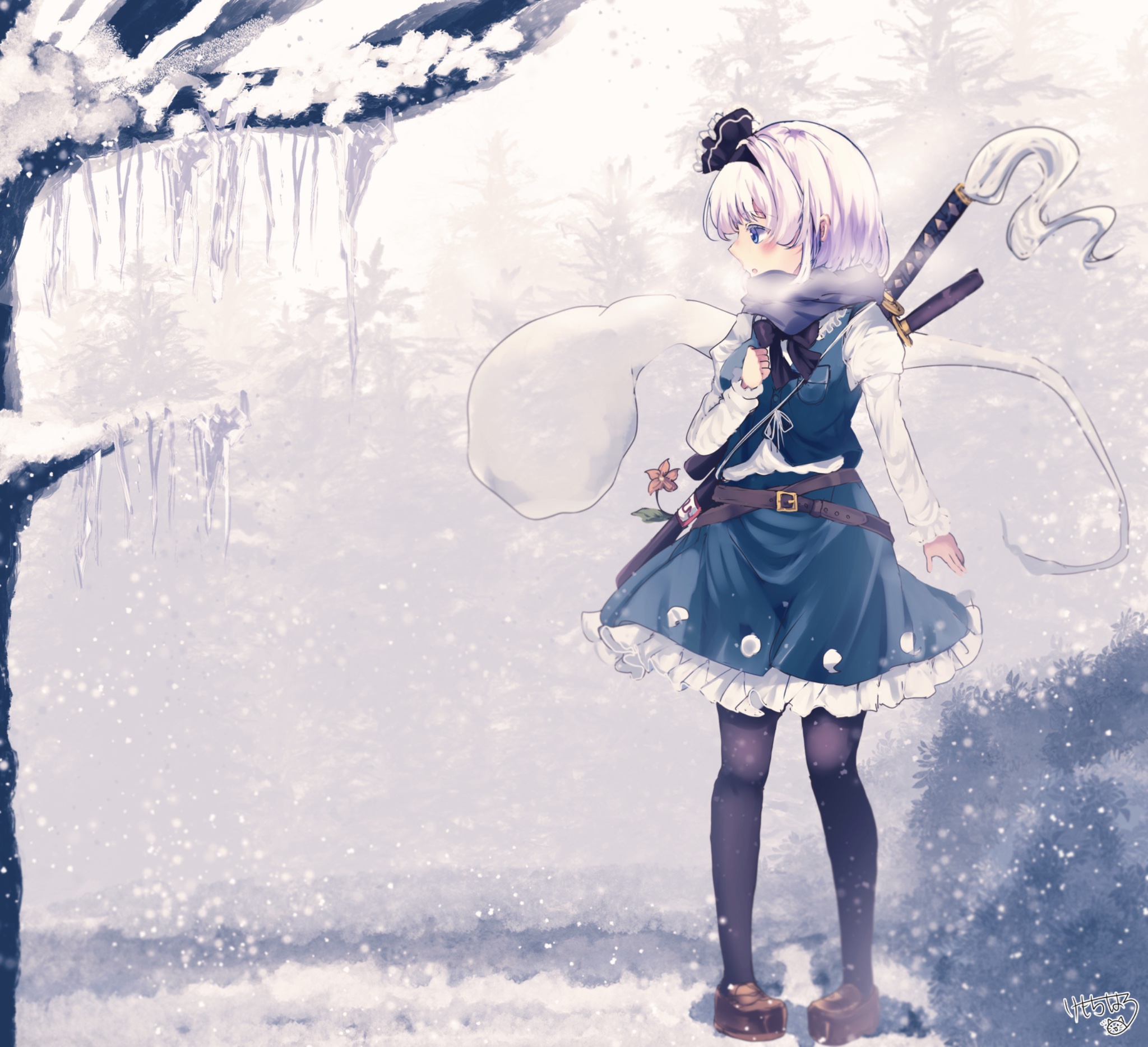 kemo chiharu, konpaku youmu, konpaku youmu (ghost), touhou, commentary request, highres, 1girl, bare tree, black bow, black bowtie, black hairband, black pantyhose, bob cut, bow, bowtie, frilled skirt, frills, green skirt, green vest, hairband, icicle, katana, looking to the side, pantyhose, shirt, short hair, signature, skirt, snow, standing, sword, tree, vest, weapon, white hair, white shirt, winter