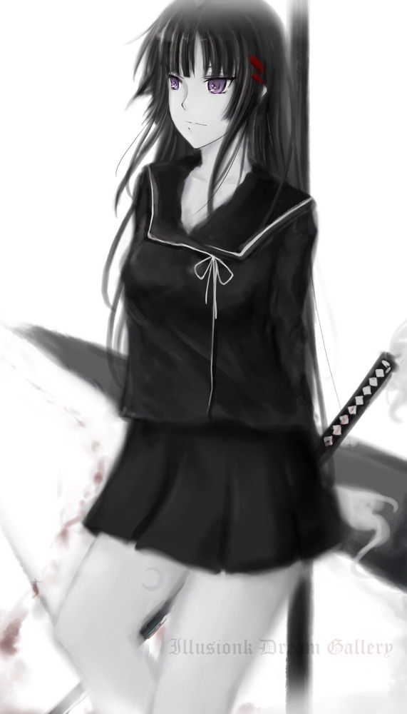 illusionk, isayama yomi, ga-rei, ga-rei zero, 00s, 1girl, black hair, blunt bangs, female focus, hair ribbon, hime cut, katana, long hair, monochrome, purple eyes, ribbon, school uniform, serafuku, skirt, solo, spot color, sword, weapon