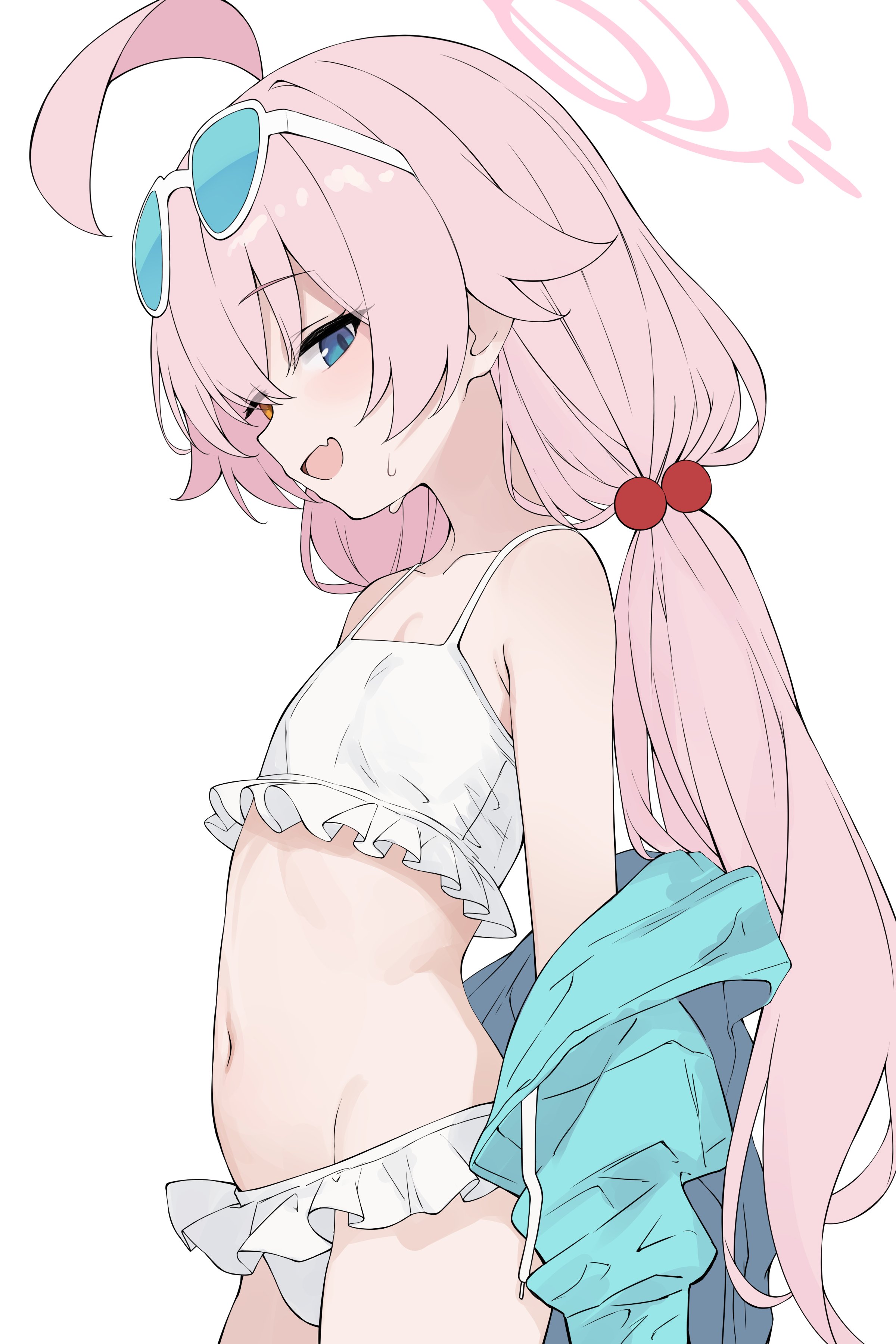 tateishi kureha, hoshino (blue archive), hoshino (swimsuit) (blue archive), blue archive, absurdres, highres, 1girl, ahoge, aqua jacket, bikini, blue eyes, breasts, collarbone, cowboy shot, eyewear on head, frilled bikini, frills, from side, groin, hair flaps, halo, heterochromia, huge ahoge, jacket, light blush, long hair, looking at viewer, low twintails, navel, off shoulder, official alternate costume, official alternate hairstyle, open clothes, open jacket, petite, pink hair, pink halo, sidelocks, simple background, small breasts, solo, standing, sweat, swimsuit, twintails, white background, white bikini