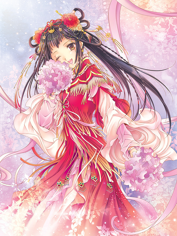 ai x kira, bracelet, brown hair, dress, earrings, flower, hair ornament, jewelry, long hair, long sleeves, one eye closed, smile, solo, standing, wink, yellow eyes