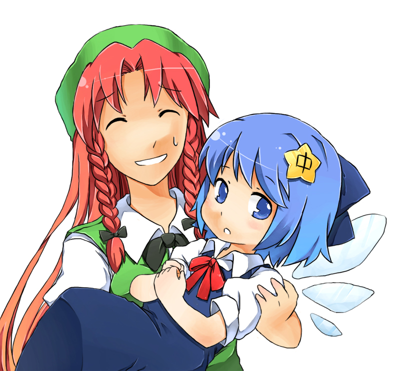 residentth, cirno, hong meiling, embodiment of scarlet devil, touhou, bad id, bad pixiv id, 2girls, blue hair, braid, carrying, closed eyes, female focus, multiple girls, red hair, twin braids, wings