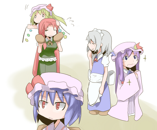 ladfa, flandre scarlet, hong meiling, izayoi sakuya, patchouli knowledge, remilia scarlet, embodiment of scarlet devil, touhou, silver hair, 5girls, carrying, chibi, crystal, female focus, full body, long hair, maid headdress, multiple girls, piggyback, purple hair, red eyes, red hair, simple background, standing, vampire, very long hair, white background