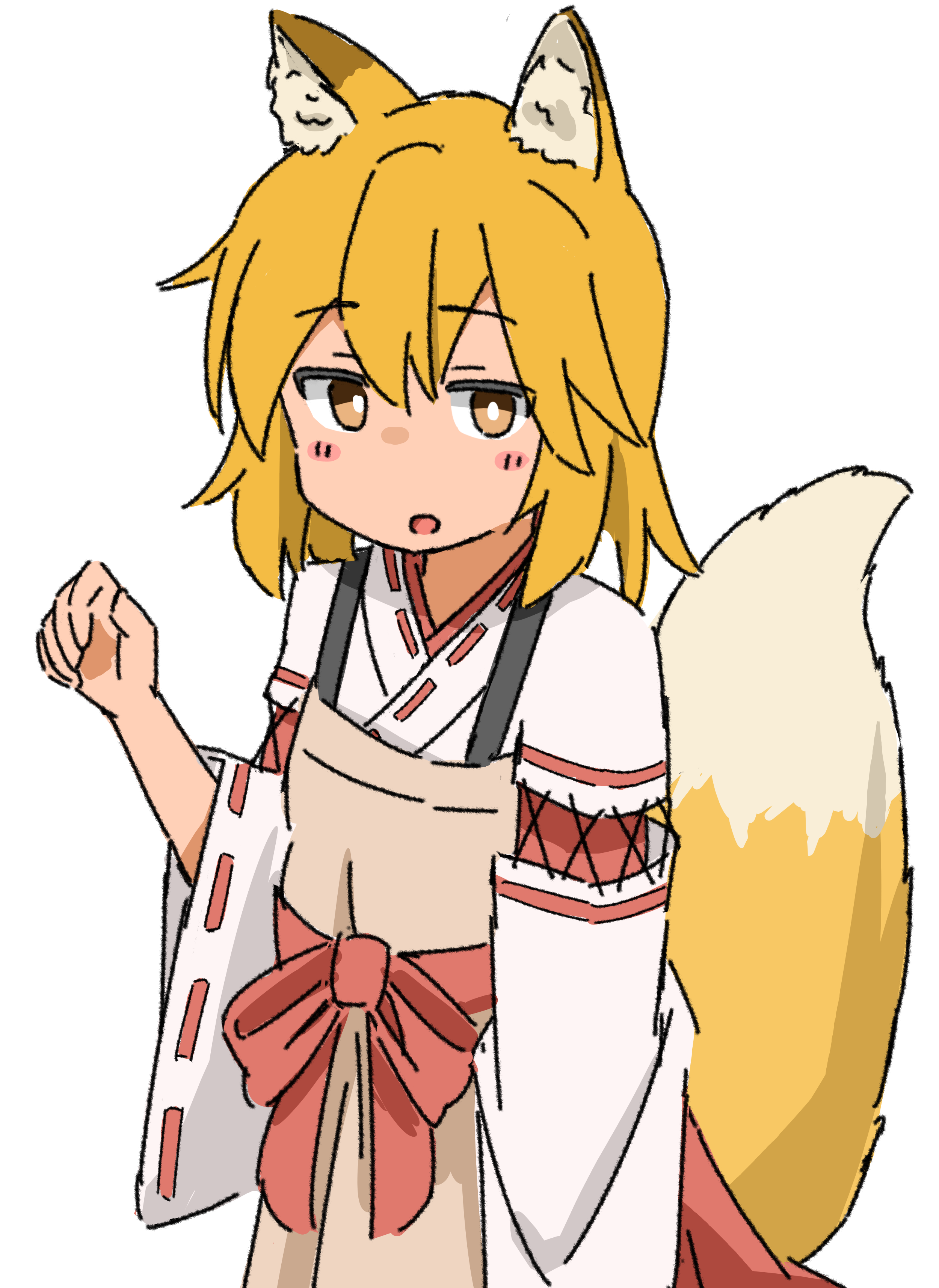 senko (sewayaki kitsune no senko-san), sewayaki kitsune no senko-san, absurdres, highres, 1girl, animal ear fluff, blonde hair, blush, kendama club, open mouth, ribbon, simple background, solo, white background, yellow eyes
