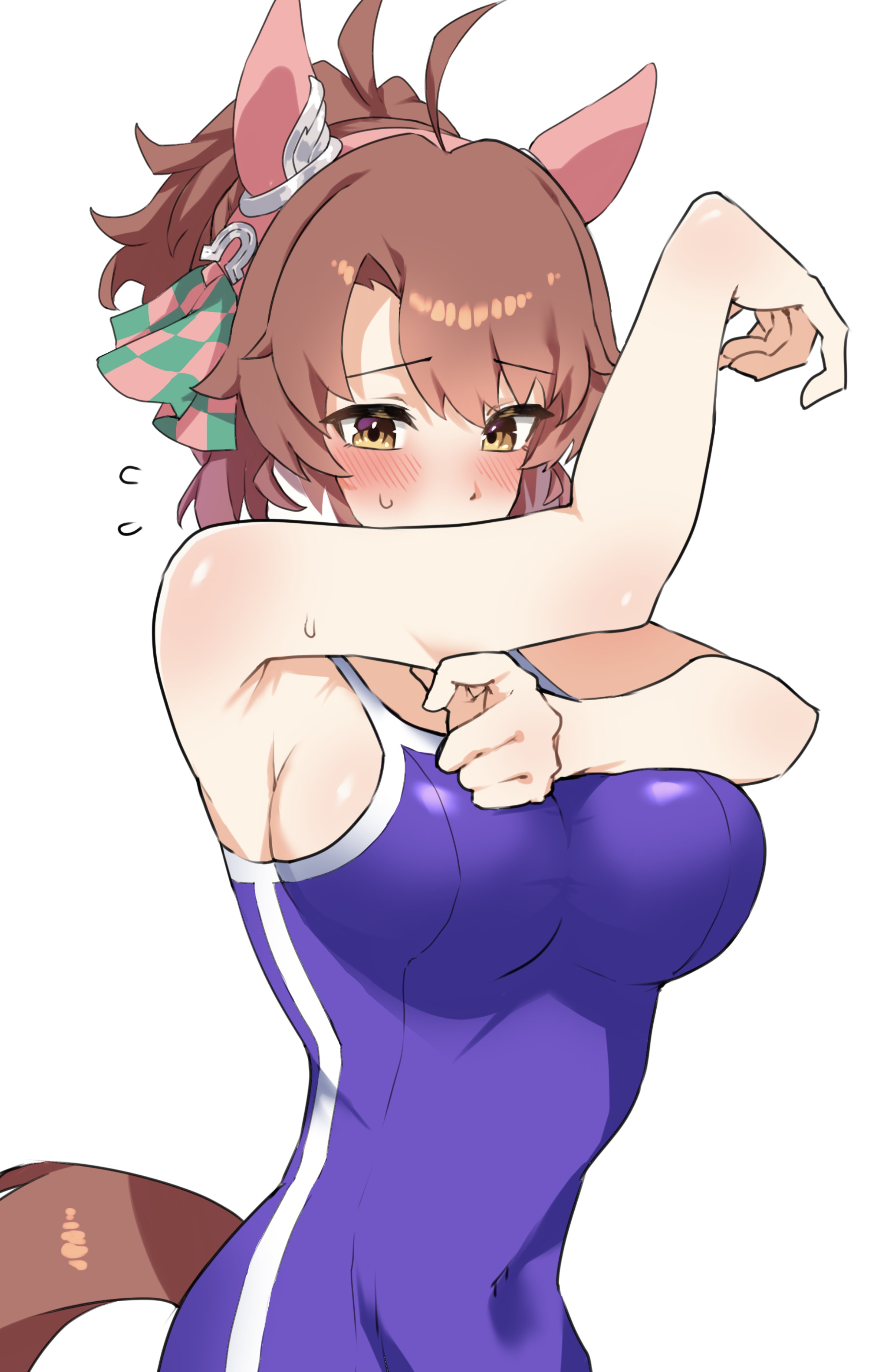 anok7456, dantsu flame (umamusume), umamusume, absurdres, highres, 1girl, animal ears, armpits, barefoot, blush, breasts, brown eyes, brown hair, brown tail, covered navel, ear covers, flying sweatdrops, horse ears, horse girl, horse tail, large breasts, looking at viewer, simple background, solo, tail, tracen swimsuit, white background, white streaks