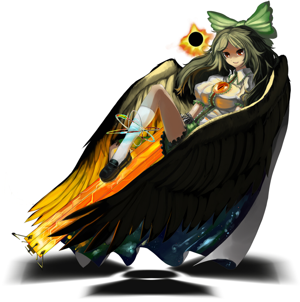 arugeri, reiuji utsuho, touhou, 1girl, arm cannon, black wings, bow, breasts, brown hair, cape, female focus, floating, hair bow, kneehighs, large bow, large breasts, loafers, long hair, radioactive, red eyes, shadow, shoes, skirt, smirk, socks, solo, weapon, white background, white socks, wings