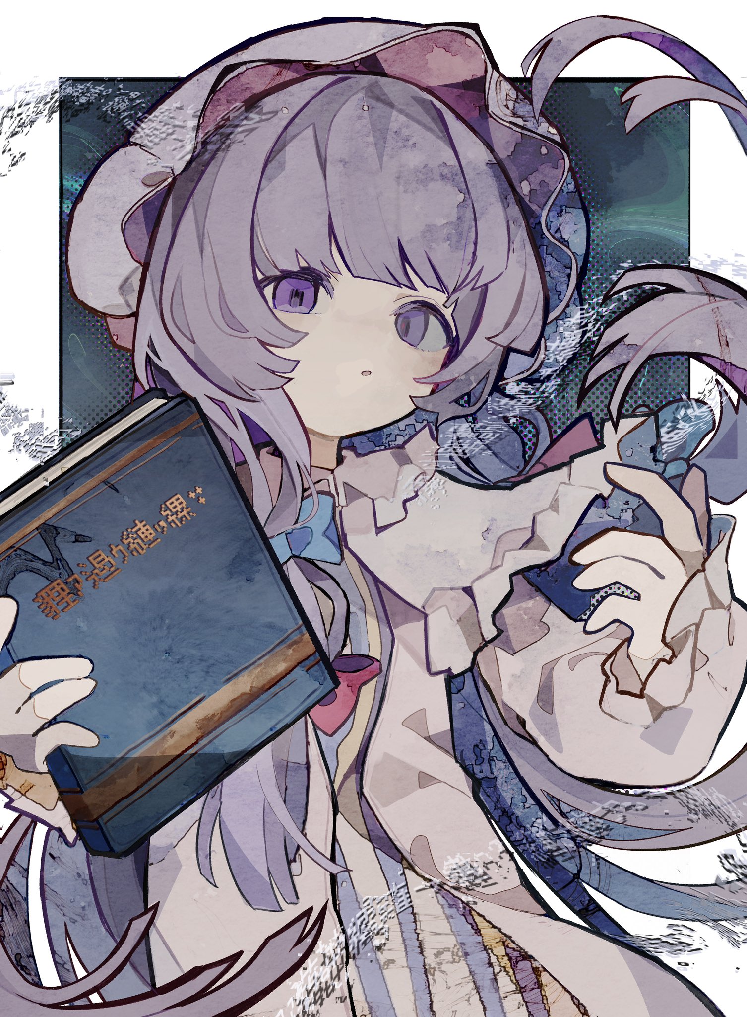 soresaki, patchouli knowledge, touhou, highres, 1girl, black border, blue bow, book, border, bow, capelet, dress, frilled capelet, frilled sleeves, frills, hair bow, hat, holding, holding book, long hair, long sleeves, looking at viewer, mob cap, outside border, purple eyes, purple hair, red bow, solo, upper body, white border, white capelet, white dress