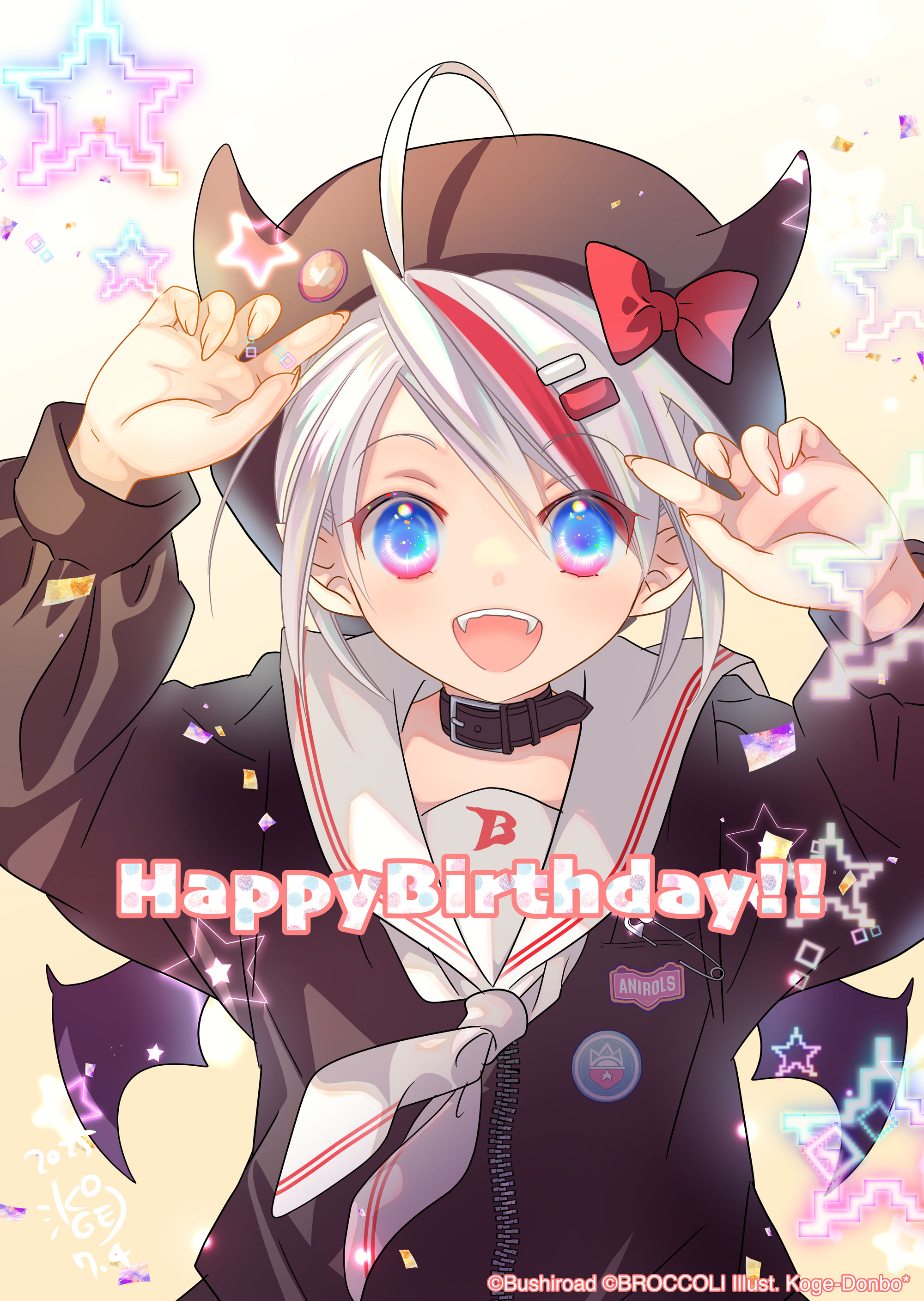 koge donbo, di gi charat, reiwa no di gi charat, absurdres, commentary request, highres, official art, second-party source, 1girl, :d, ahoge, artist name, beret, black choker, black hat, black shirt, black wings, blue eyes, bow, bushiroad-no-mikoto, choker, copyright notice, fake horns, fangs, grey hair, hair ornament, hairclip, happy birthday, hat, hat bow, horned headwear, horns, long sleeves, looking at viewer, multicolored eyes, multicolored hair, neckerchief, open mouth, pink eyes, red bow, red hair, sailor collar, shirt, short hair, smile, solo, straight-on, streaked hair, two-tone eyes, two-tone hair, upper body, white neckerchief, white sailor collar, wings
