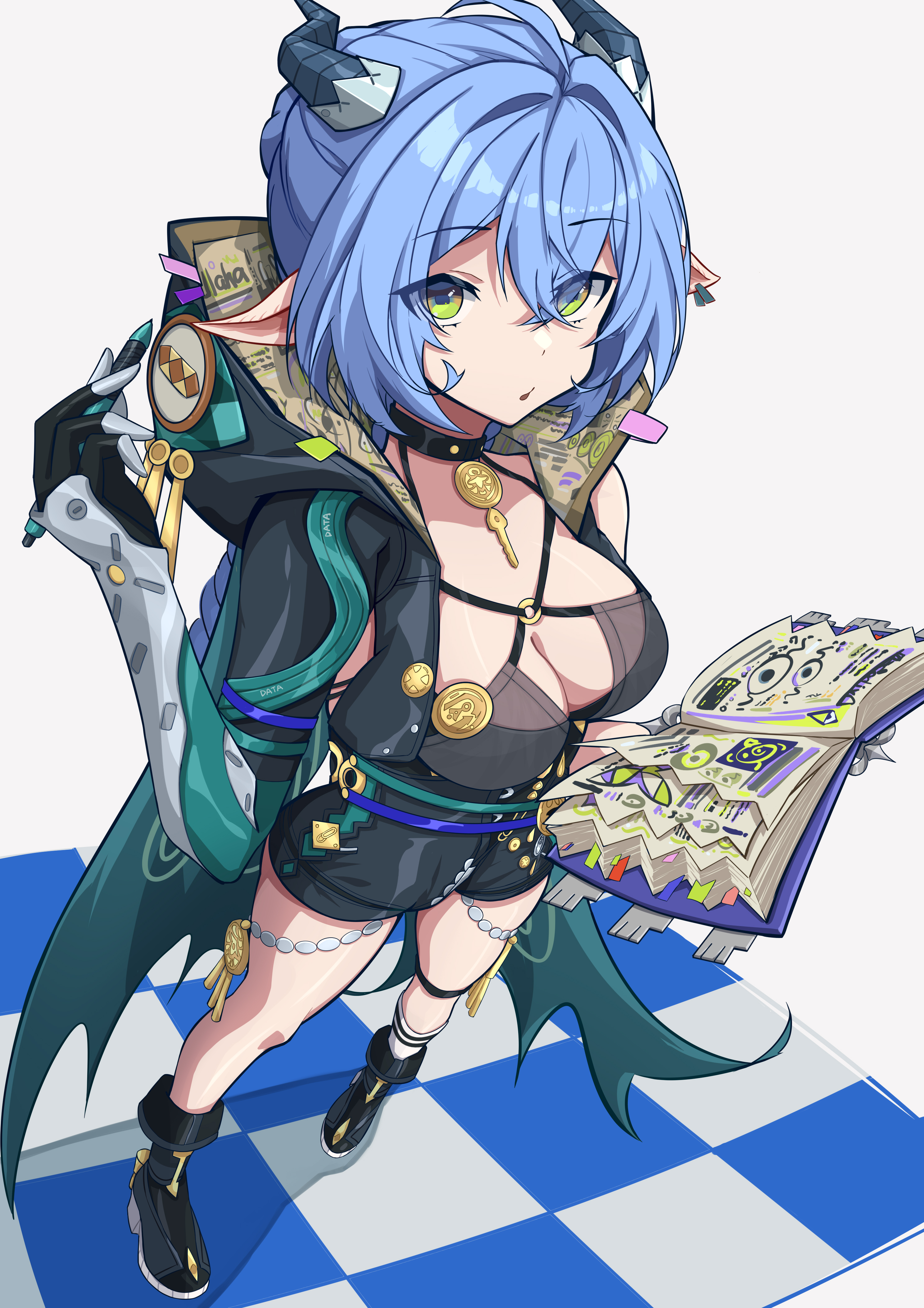 mutsu aya, lucia elowen, zenless zone zero, absurdres, highres, 1girl, animal ears, black hoodie, black shorts, blue hair, book, breasts, cape, cleavage, goat ears, goat girl, goat horns, green cape, green eyes, hair between eyes, holding, holding book, holding pen, hood, hoodie, horns, large breasts, long hair, looking at viewer, open mouth, pen, shorts, solo