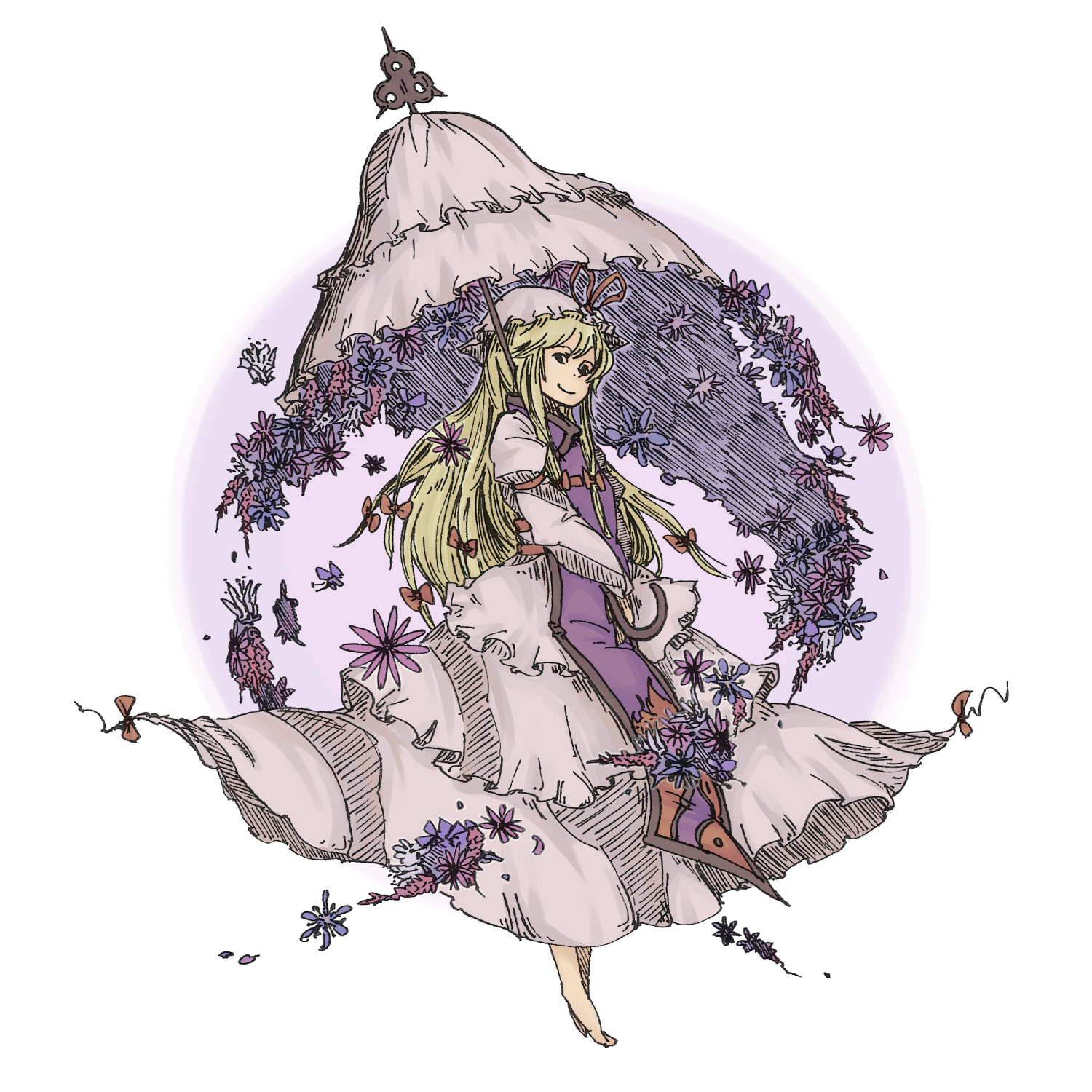uewtsol, yakumo yukari, touhou, highres, 1girl, barefoot, female focus, parasol, solo, umbrella