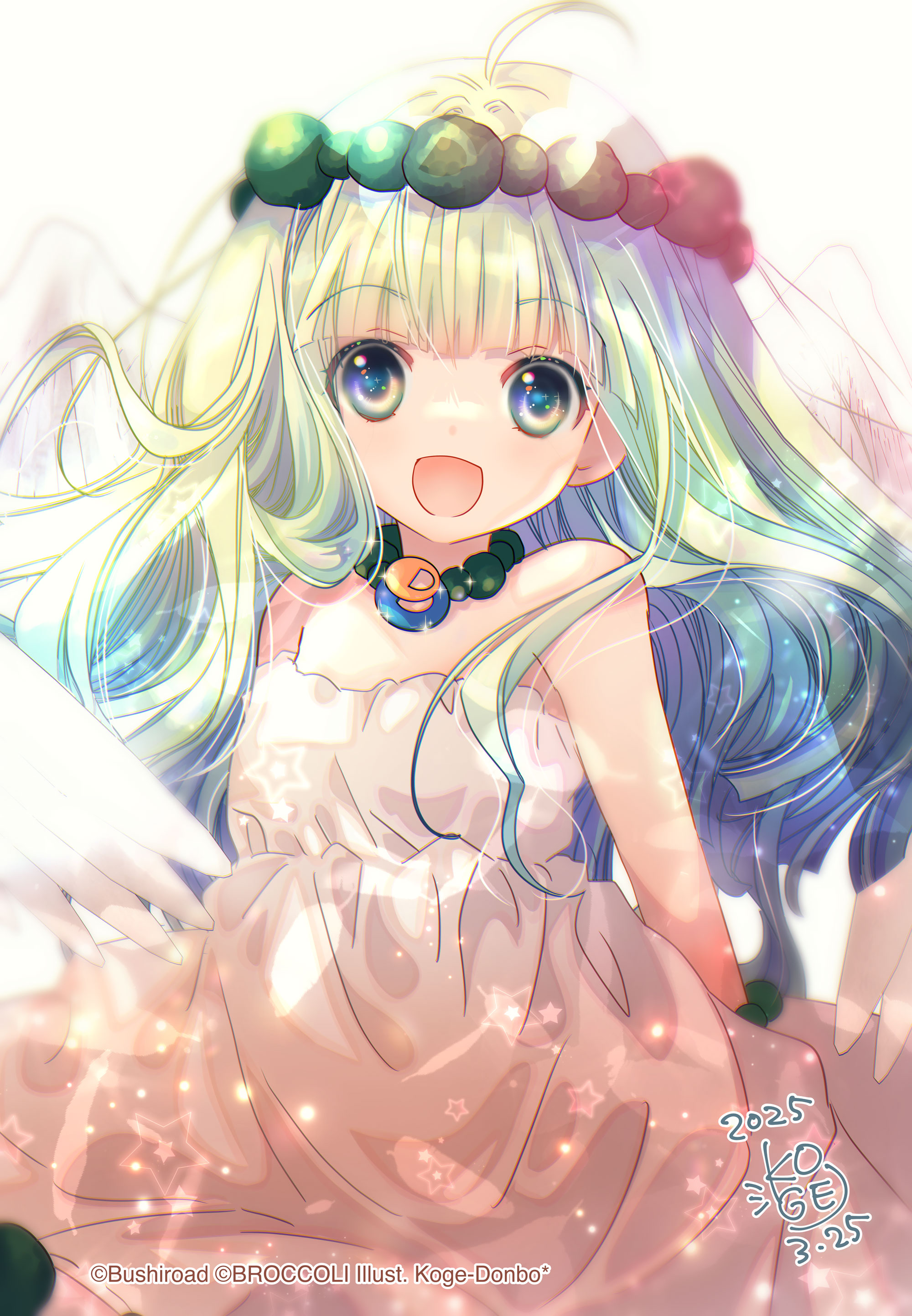 koge donbo, di gi charat, reiwa no di gi charat, absurdres, commentary request, highres, official art, second-party source, 1girl, 2025, :d, ahoge, angel wings, artist name, bare shoulders, bead bracelet, bead necklace, beads, bracelet, broccodess, copyright name, dated, dress, flat chest, green eyes, green hair, green hairband, hairband, jewelry, long hair, looking at viewer, necklace, open mouth, smile, solo, strapless, strapless dress, white dress, white wings, wings