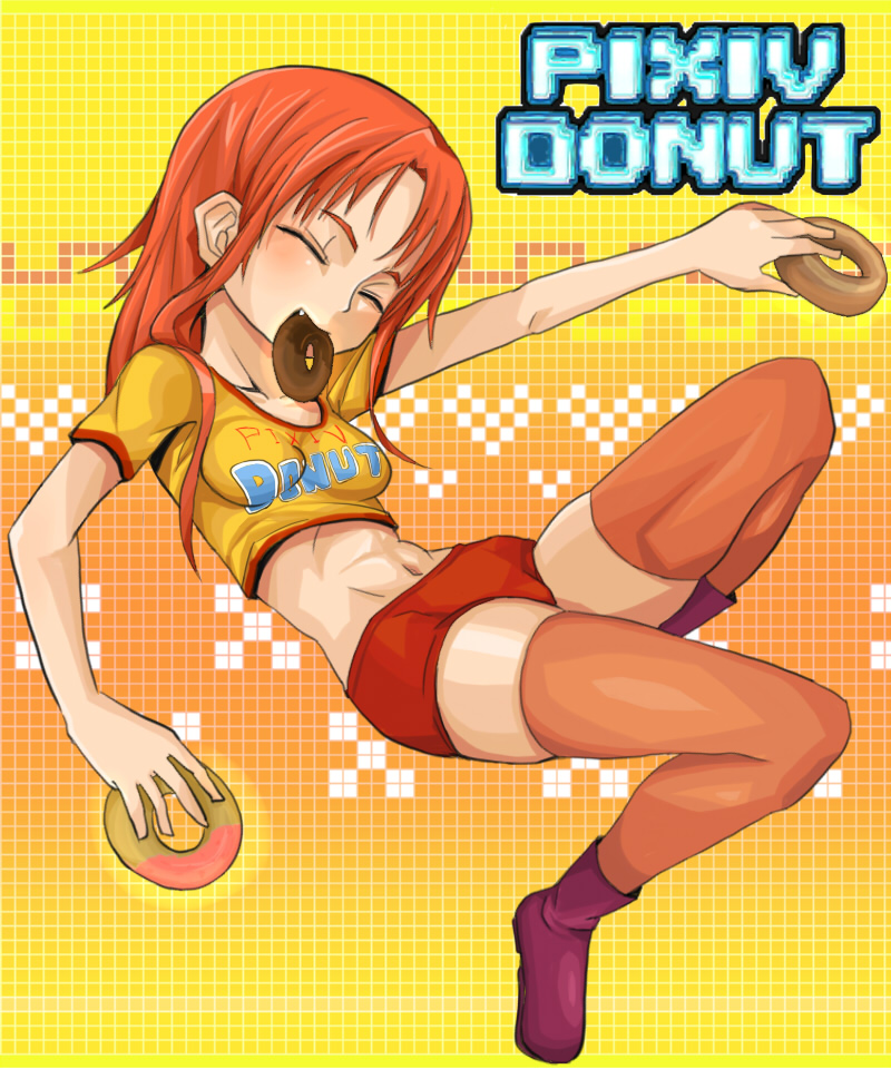 tarayama, original, 1girl, buruma, closed eyes, donut, eating, fang, female focus, food, midriff, mouth hold, navel, orange hair, orange thighhighs, pink hair, skindentation, solo, thighhighs