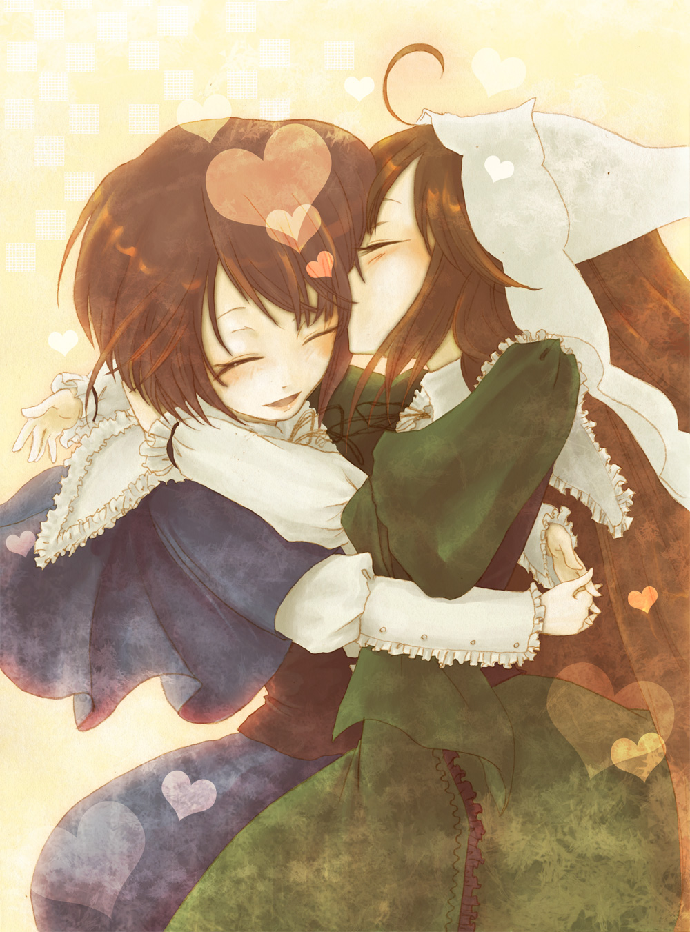 onohana, souseiseki, suiseiseki, rozen maiden, bad id, bad pixiv id, highres, 00s, 2girls, ahoge, brown hair, closed eyes, dress, hairband, headscarf, heart, hug, kiss, long hair, multiple girls, short hair, siblings, sisters, twins, very long hair, white headscarf, yuri