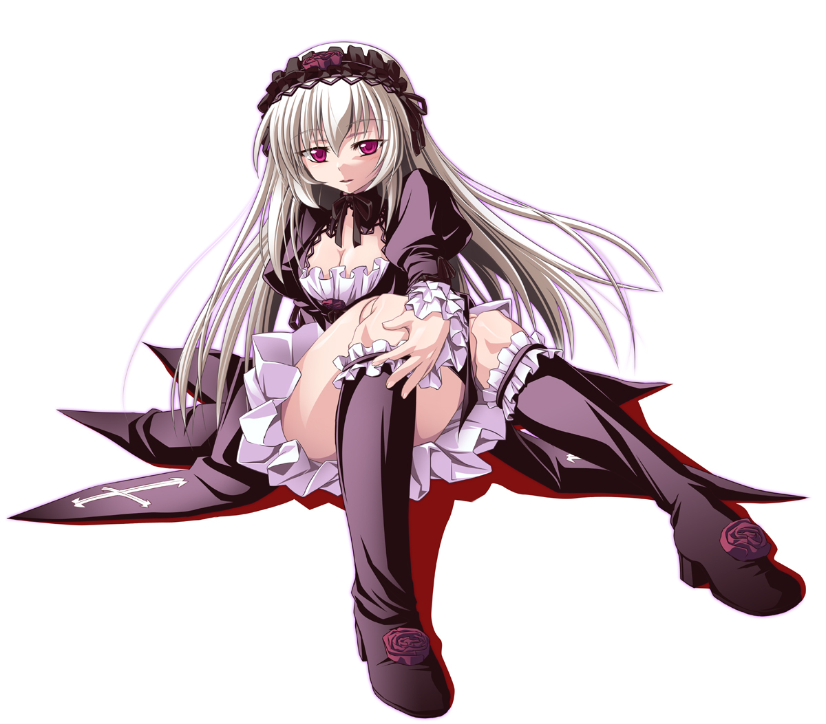 gucchi, suigintou, rozen maiden, silver hair, 00s, 1girl, boots, breasts, cleavage, doll joints, dress, female focus, frills, hairband, joints, knee boots, long hair, medium breasts, purple eyes, solo
