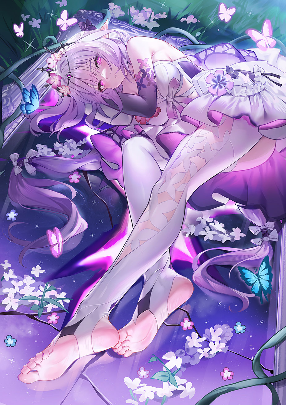 qianyuu (senba), castorice (honkai: star rail), honkai: star rail, honkai (series), chinese commentary, commentary request, highres, 1girl, bare shoulders, blush, breasts, bug, butterfly, crack, cracked glass, dress, elbow gloves, feet, gloves, hands up, insect, large breasts, legwear cutout, long hair, looking at viewer, lying, on side, pantyhose, parted lips, picture frame, pointy ears, purple butterfly, purple eyes, purple gloves, purple hair, sidelocks, single leg pantyhose, single thighhigh, soles, solo, stirrup legwear, thighhighs, toeless legwear, toes, very long hair, white dress, white pantyhose, white thighhighs