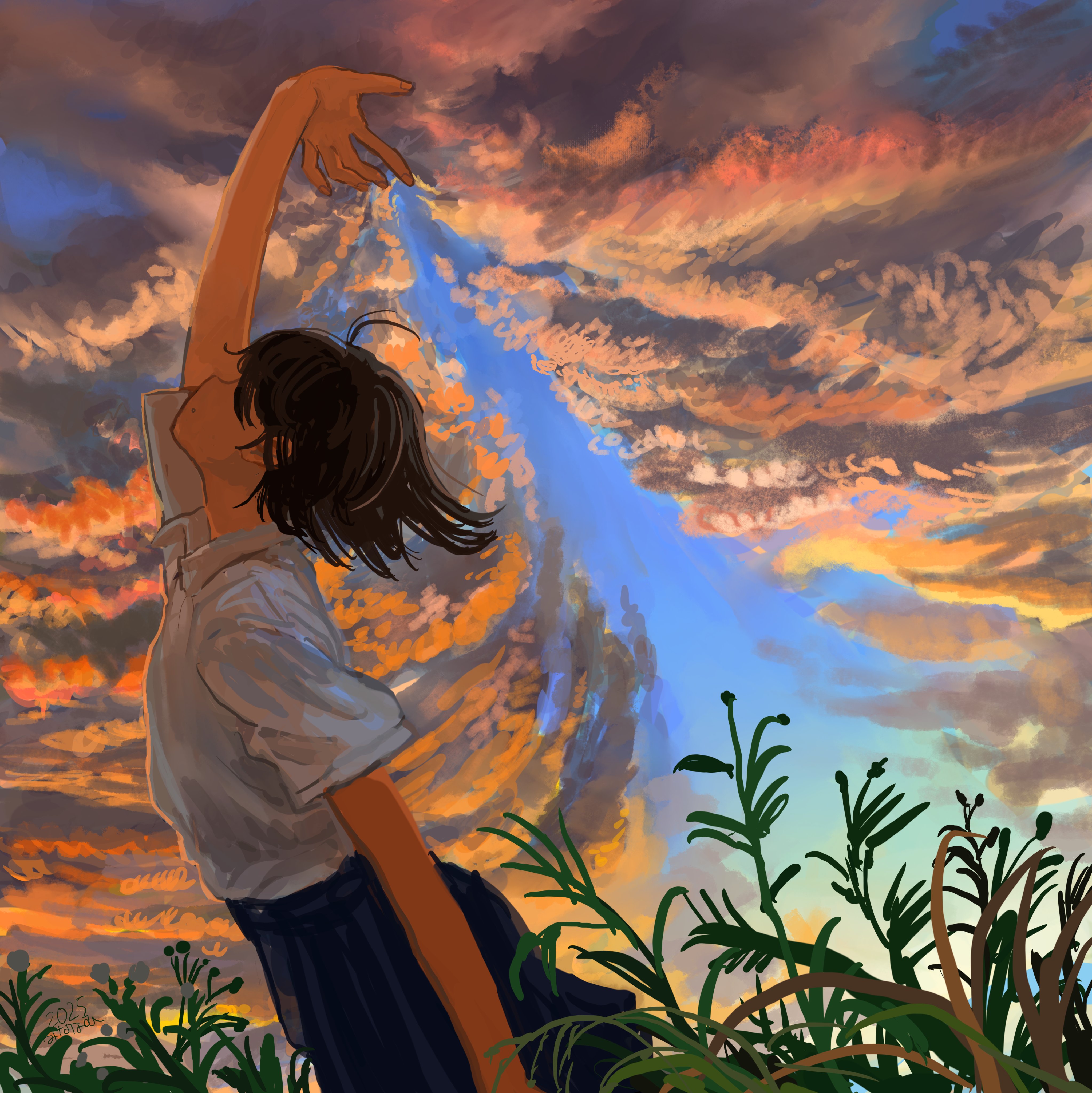 minahamu, original, absurdres, commentary request, highres, 1girl, antenna hair, black skirt, blue sky, cirrus clouds, closed mouth, cloud, collared shirt, forced perspective, outdoors, pleated skirt, shirt, short hair, short sleeves, skirt, sky, solo, white shirt