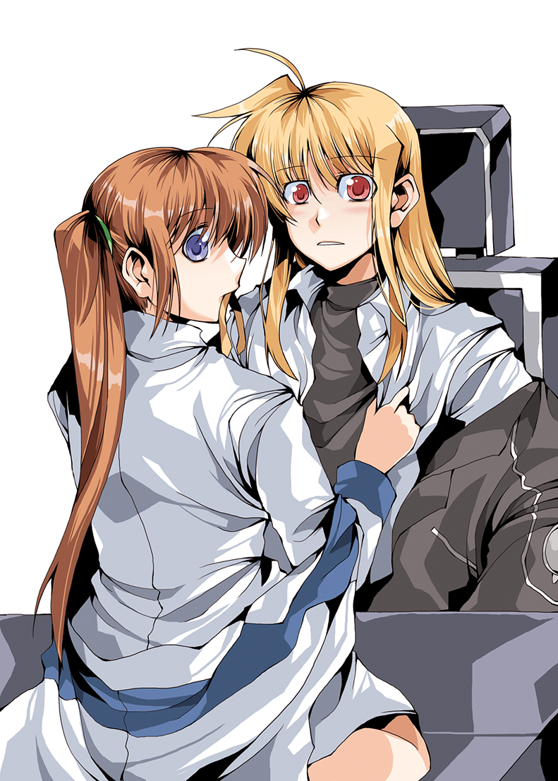 clipe, fate testarossa, takamachi nanoha, lyrical nanoha, mahou shoujo lyrical nanoha, mahou shoujo lyrical nanoha strikers, 00s, 2girls, ahoge, blonde hair, blue eyes, brown hair, caught, long hair, military, military uniform, mouth hold, multiple girls, ponytail, purple eyes, red eyes, side ponytail, undressing, yuri