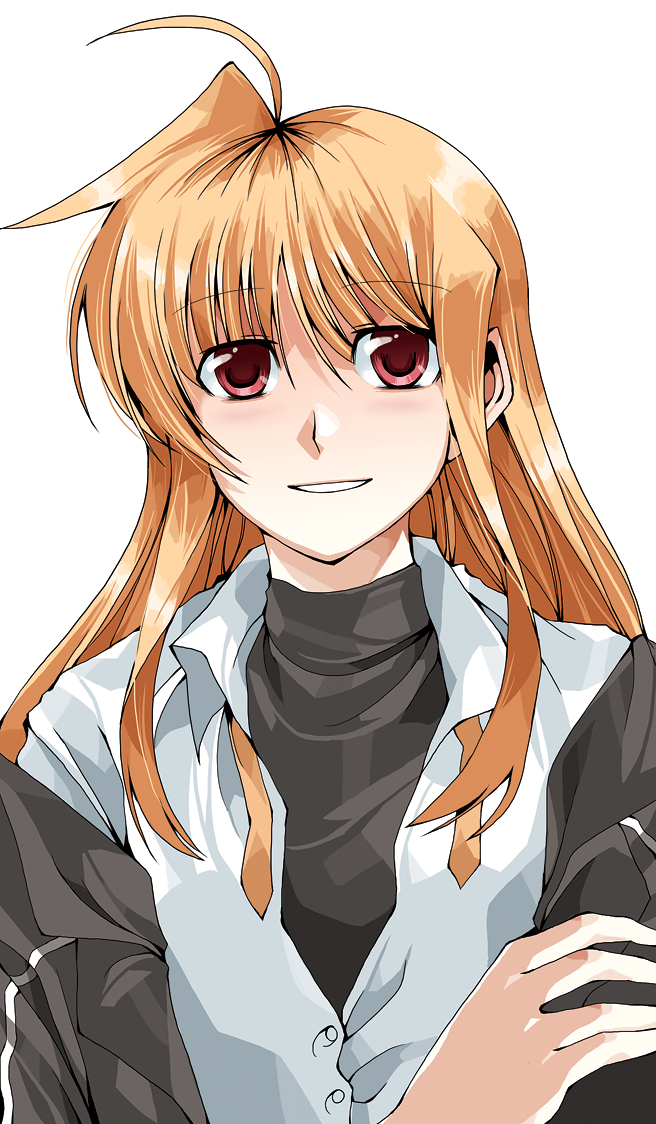 clipe, fate testarossa, lyrical nanoha, mahou shoujo lyrical nanoha, mahou shoujo lyrical nanoha strikers, 00s, ahoge, blonde hair, long hair, red eyes, smile, solo, undressing