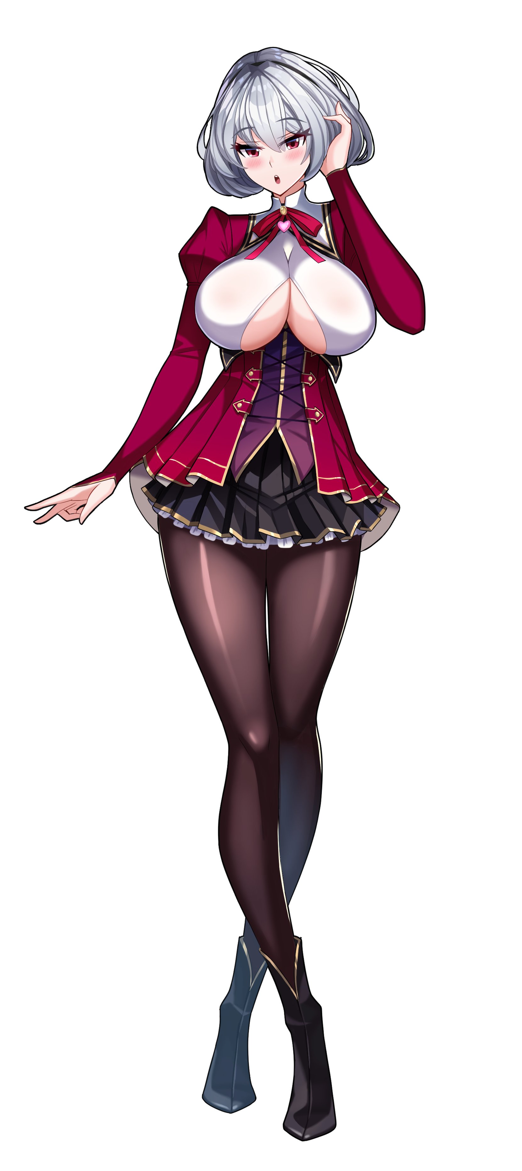 zer0z vi, sirius (azur lane), azur lane, motto! haramase! (series), motto! haramase! honoo no oppai isekai chou ero succubus gakuen!, absurdres, commentary, highres, 1girl, :o, alternate costume, black boots, black pantyhose, black skirt, boots, breasts, clothing cutout, cosplay, framed breasts, full body, gold trim, grey hair, hand in own hair, heart, jacket, juliet sleeves, large breasts, long sleeves, looking at viewer, miniskirt, pantyhose, pleated skirt, puffy sleeves, red eyes, red jacket, short hair, skirt, solo, underboob, underboob cutout
