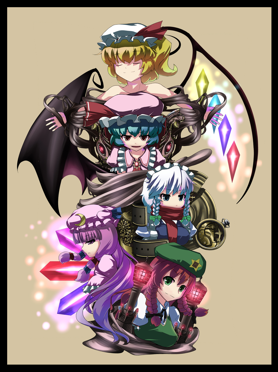 tama (pixiv), tama (speedgrapher), flandre scarlet, hong meiling, izayoi sakuya, patchouli knowledge, remilia scarlet, embodiment of scarlet devil, touhou, highres, 5girls, ascot, asymmetrical hair, blonde hair, blue eyes, blue hair, bow, braid, closed eyes, crescent, crystal, fang, female focus, hair bow, hat, hat ribbon, long hair, maid, maid headdress, multiple girls, open mouth, purple eyes, purple hair, red eyes, red hair, ribbon, scarf, short hair, side ponytail, smile, star (symbol), twin braids, wings