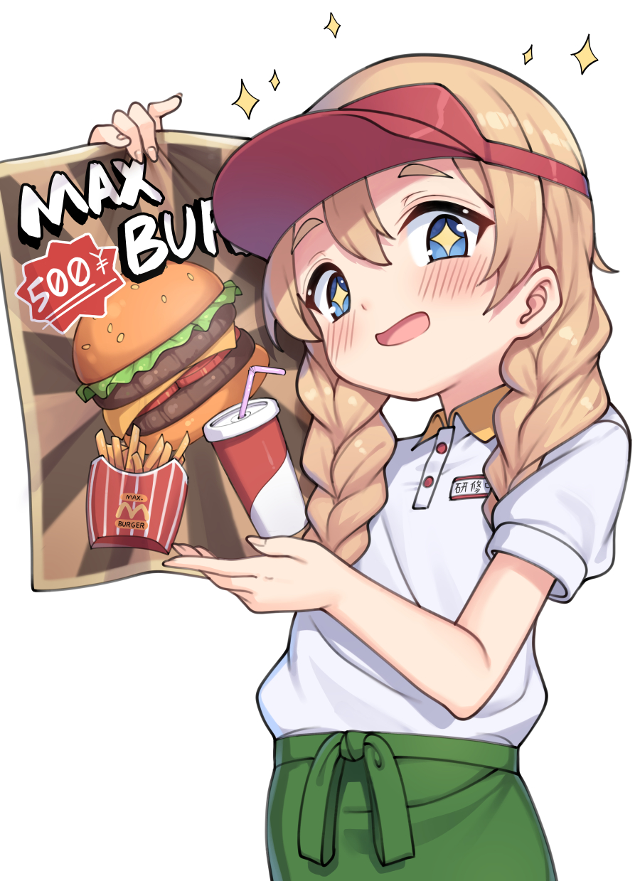 isinose (ilxodidli), kotobuki tsumugi, k-on!, highres, + +, 1girl, blonde hair, blue eyes, blush, braid, burger, cheese, collared shirt, cup, disposable cup, drinking straw, employee uniform, fast food uniform, flyer, food, french fries, holding flyer, name tag, open mouth, price, shirt, shirt tucked in, simple background, solo, sparkle, twin braids, visor cap, white background