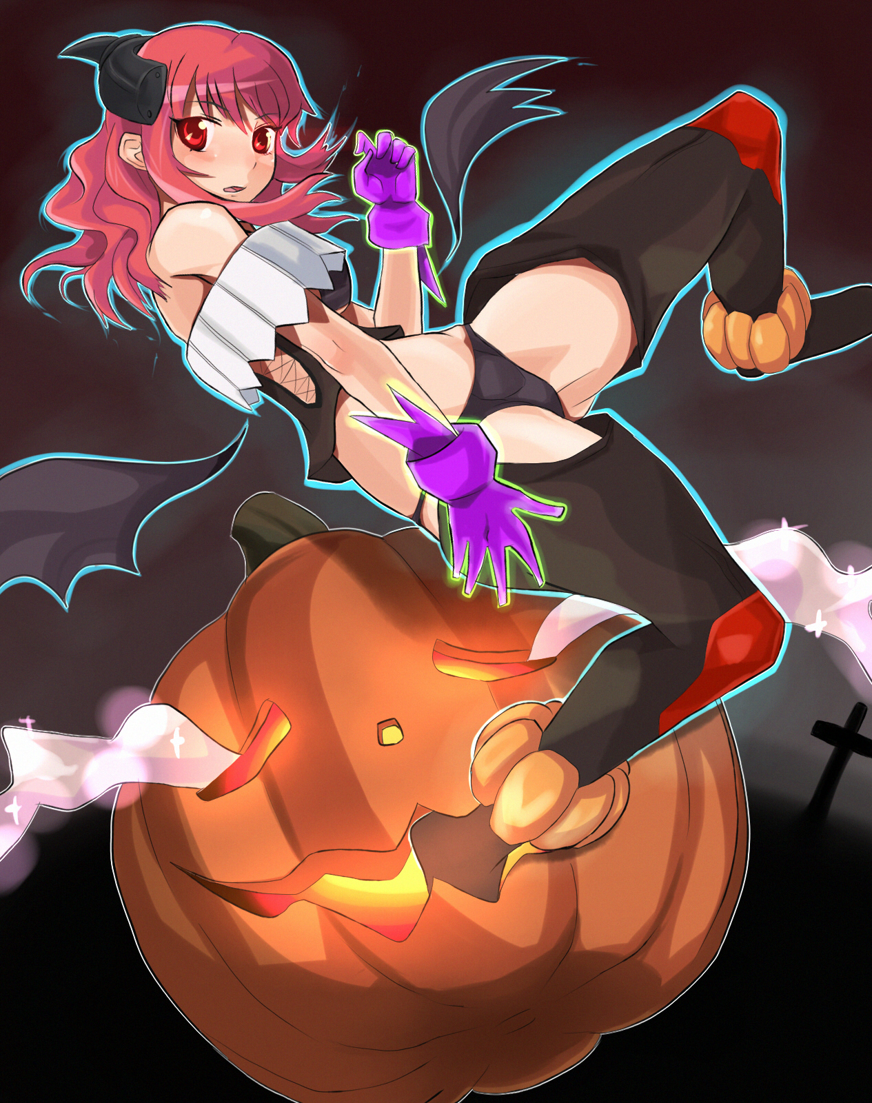 tarayama, bad id, bad pixiv id, highres, bat wings, bottomless, gloves, jack-o'-lantern, pumpkin, red eyes, red hair, solo, thighhighs, wings