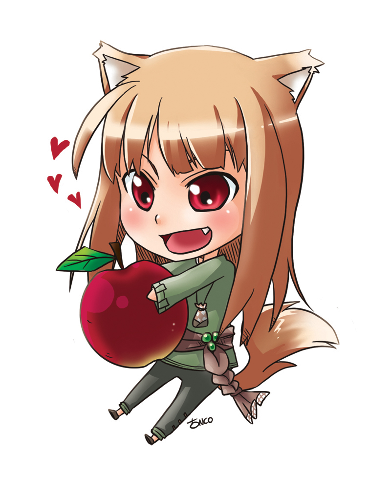 anco (platanity), holo, spice and wolf, 00s, animal ears, apple, brown hair, chibi, fang, food, fruit, heart, long hair, red eyes, solo, tail, wolf ears, wolf tail