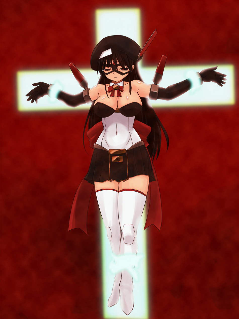 highres, 1girl, android, bow, breasts, cleavage, cross, crucifixion, detached sleeves, female focus, hat, large breasts, mask, solo, thighhighs