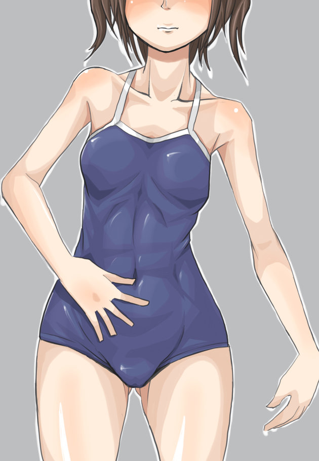 tarayama, original, bad id, bad pixiv id, 1girl, abs, blush, brown hair, female focus, head out of frame, muscular, one-piece swimsuit, school swimsuit, short hair, solo, swimsuit