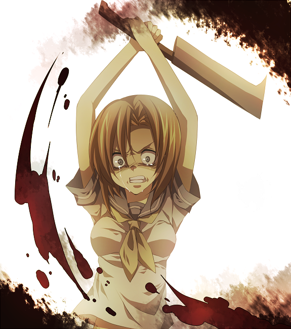 tsukioka tsukiho, ryuuguu rena, higurashi no naku koro ni, bad id, bad pixiv id, 00s, 1girl, arms up, billhook, blood, clenched teeth, crazy, female focus, hashitsuki nata, hatchet, nata (tool), orange hair, school uniform, serafuku, short hair, solo, tears, teeth