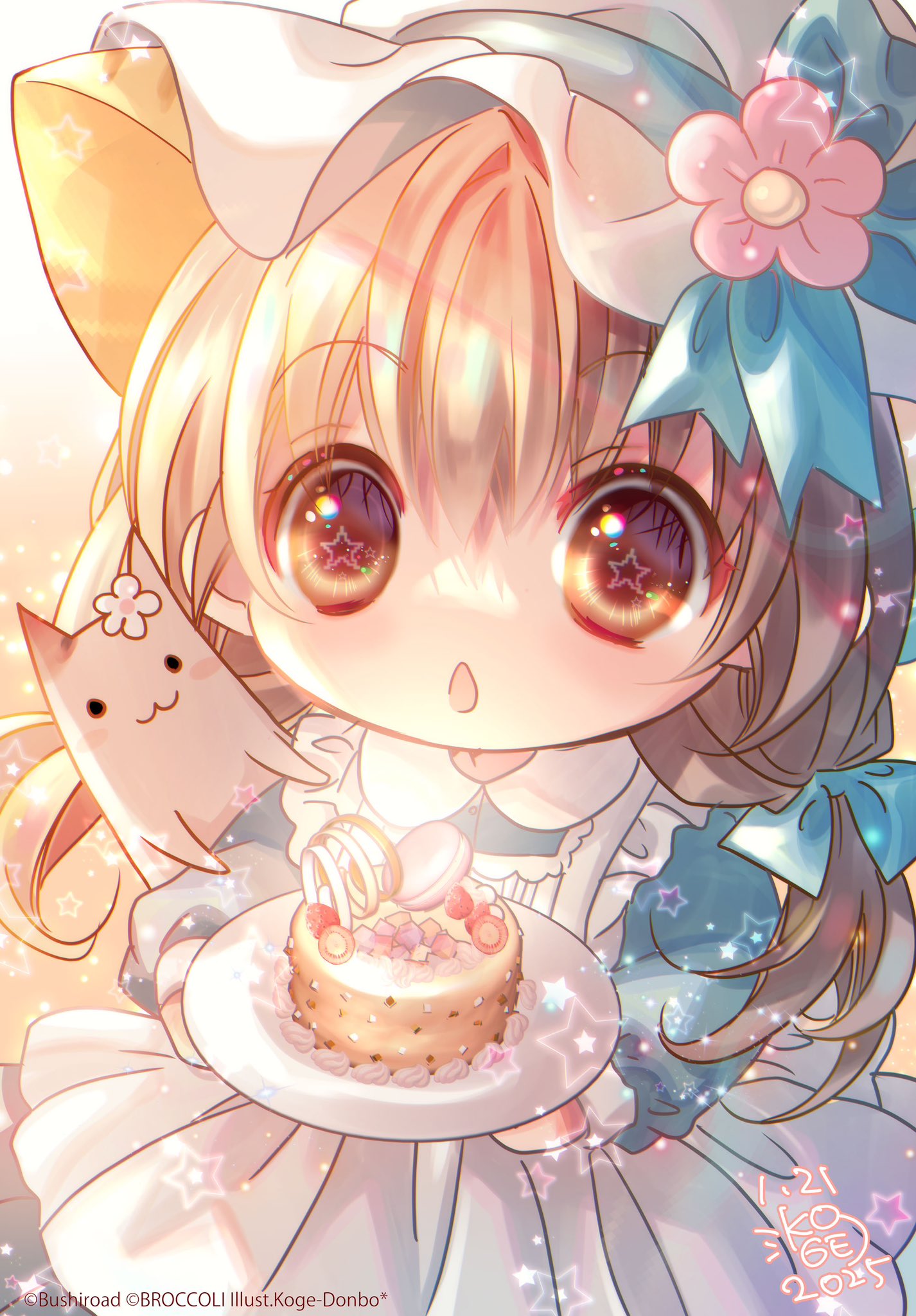 koge donbo, hokke mirin, puchiko, di gi charat, commentary request, highres, official art, second-party source, 1girl, 2025, animal, animal ears, animal on shoulder, apron, artist name, blue bow, blue dress, blue ribbon, bow, brown eyes, brown hair, cake, cat, cat ears, cat girl, cat on shoulder, collared dress, copyright notice, dated, dress, flower, food, hair bow, hat, hat bow, hat flower, hat ribbon, holding, holding plate, long hair, long sleeves, low twintails, macaron, open mouth, plate, ribbon, signature, star (symbol), star in eye, symbol in eye, twintails, white apron, white hat