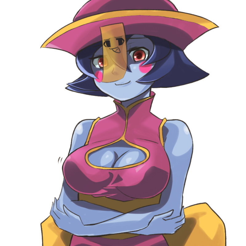 tarayama, hsien-ko, mei-ling (darkstalkers), capcom, darkstalkers, 1girl, bare shoulders, blue hair, blue skin, breasts, chinese clothes, cleavage, cleavage cutout, clothing cutout, colored skin, crossed arms, facial mark, female focus, flipped hair, hat, jiangshi, large breasts, looking at viewer, motion lines, pink hair, qingdai guanmao, red eyes, short hair, simple background, smile, solo, white background, yukkuri shiteitte ne, zombie