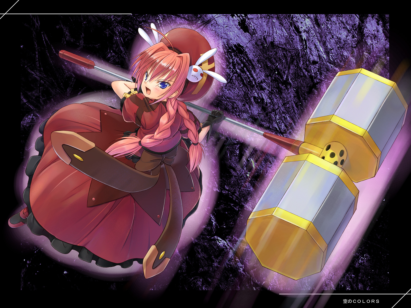tenkuu nozora, graf eisen, vita (nanoha), lyrical nanoha, mahou shoujo lyrical nanoha, mahou shoujo lyrical nanoha a's, bad id, bad pixiv id, highres, 00s, ahoge, blue eyes, braid, dress, gloves, hammer, hat, long hair, red hair, solo, twin braids