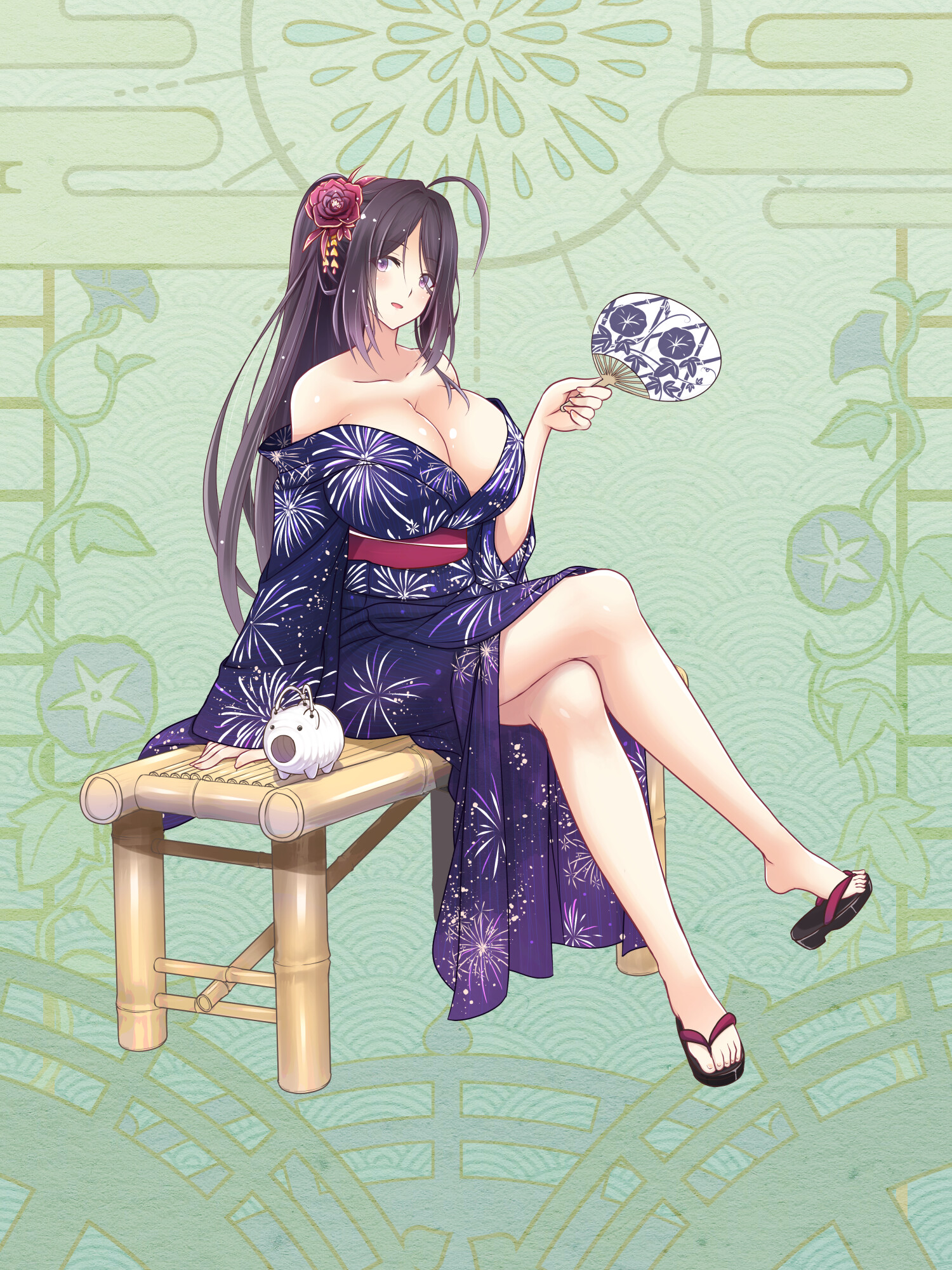 dairoku ryouhei, highres, 1girl, ahoge, bare shoulders, bench, breasts, brown eyes, brown hair, fireworks print, flower, full body, green background, hair flower, hair ornament, hand fan, hazuki seika, holding, holding fan, incense burner, japanese clothes, kayari buta, kimono, large breasts, long hair, sandals, sitting, solo, very long hair, yukata, yumeko suise