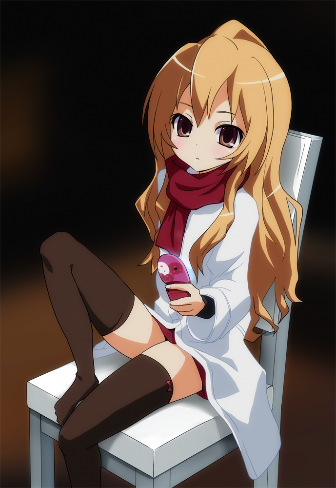 chocomark, aisaka taiga, toradora!, 00s, 1girl, black thighhighs, brown eyes, brown hair, cellphone, coat, female focus, long hair, official style, phone, scarf, sitting, solo, thighhighs, zettai ryouiki