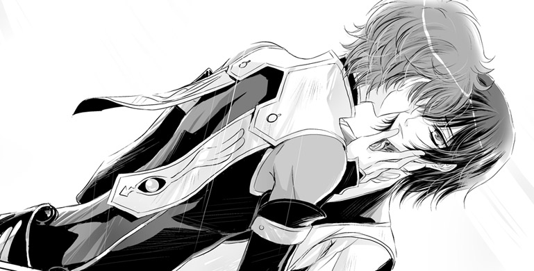 fylus, kururugi suzaku, lelouch vi britannia, code geass, bad id, bad pixiv id, 00s, 2boys, greyscale, male focus, monochrome, multiple boys, white background, yaoi