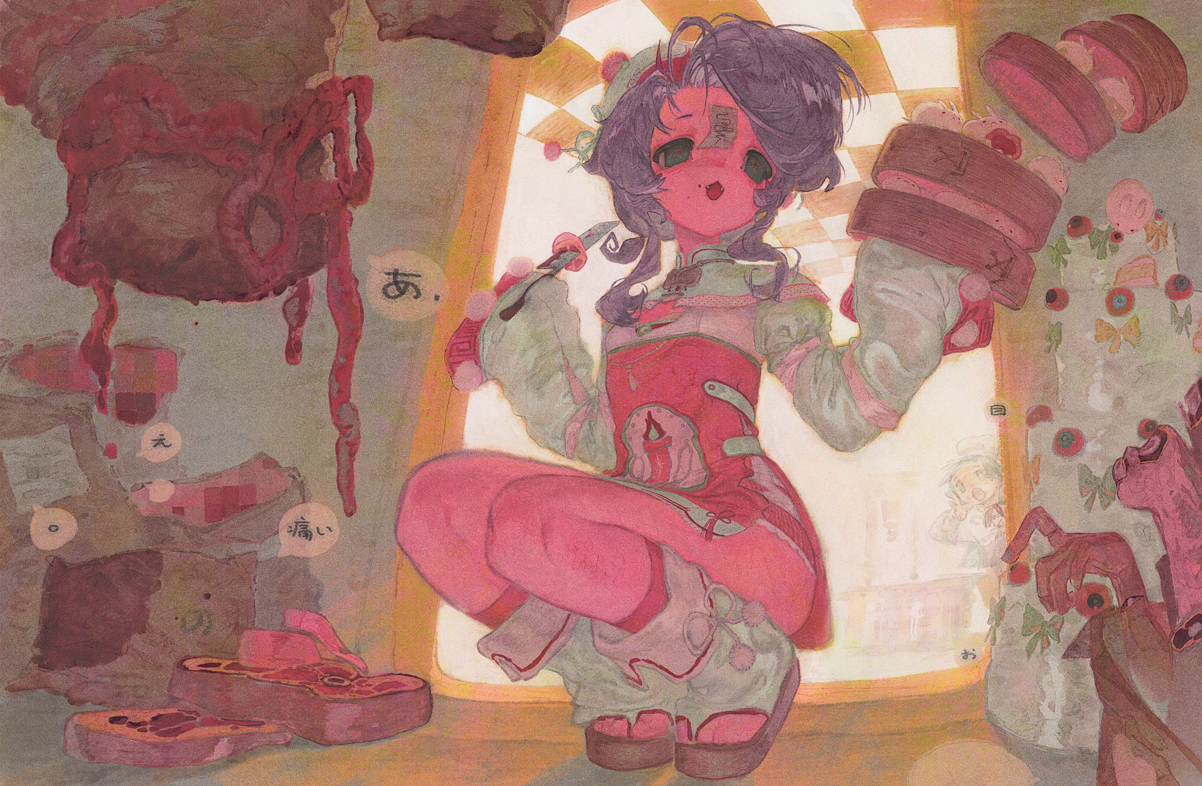 zhamaooooooo, original, absurdres, commentary, commission, highres, 1girl, colored skin, dress, full body, long sleeves, puffy sleeves, seiza, sitting, smile, solo