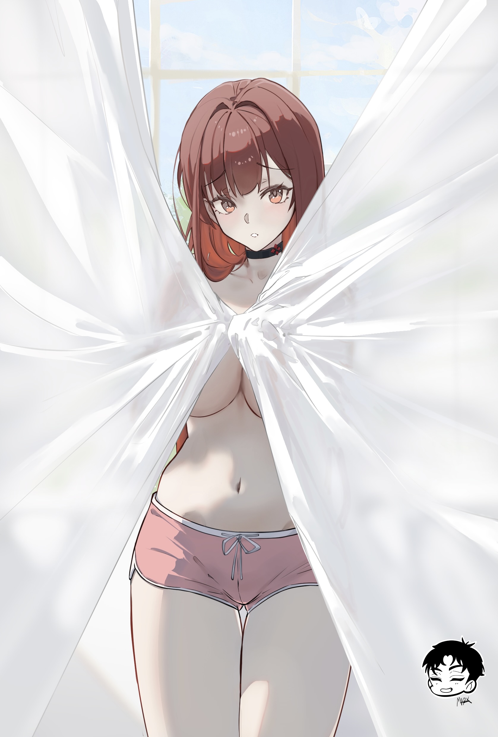 danny marx, rapi (nikke), rapi (red hood) (cherished red) (nikke), rapi (red hood) (nikke), goddess of victory: nikke, absurdres, commentary, highres, 1girl, black choker, breasts, choker, covering breasts, covering privates, curtain grab, curtains, dolphin shorts, indoors, large breasts, long hair, navel, official alternate costume, pink shorts, red eyes, red hair, shorts, solo, stomach, thighs, topless female, very long hair