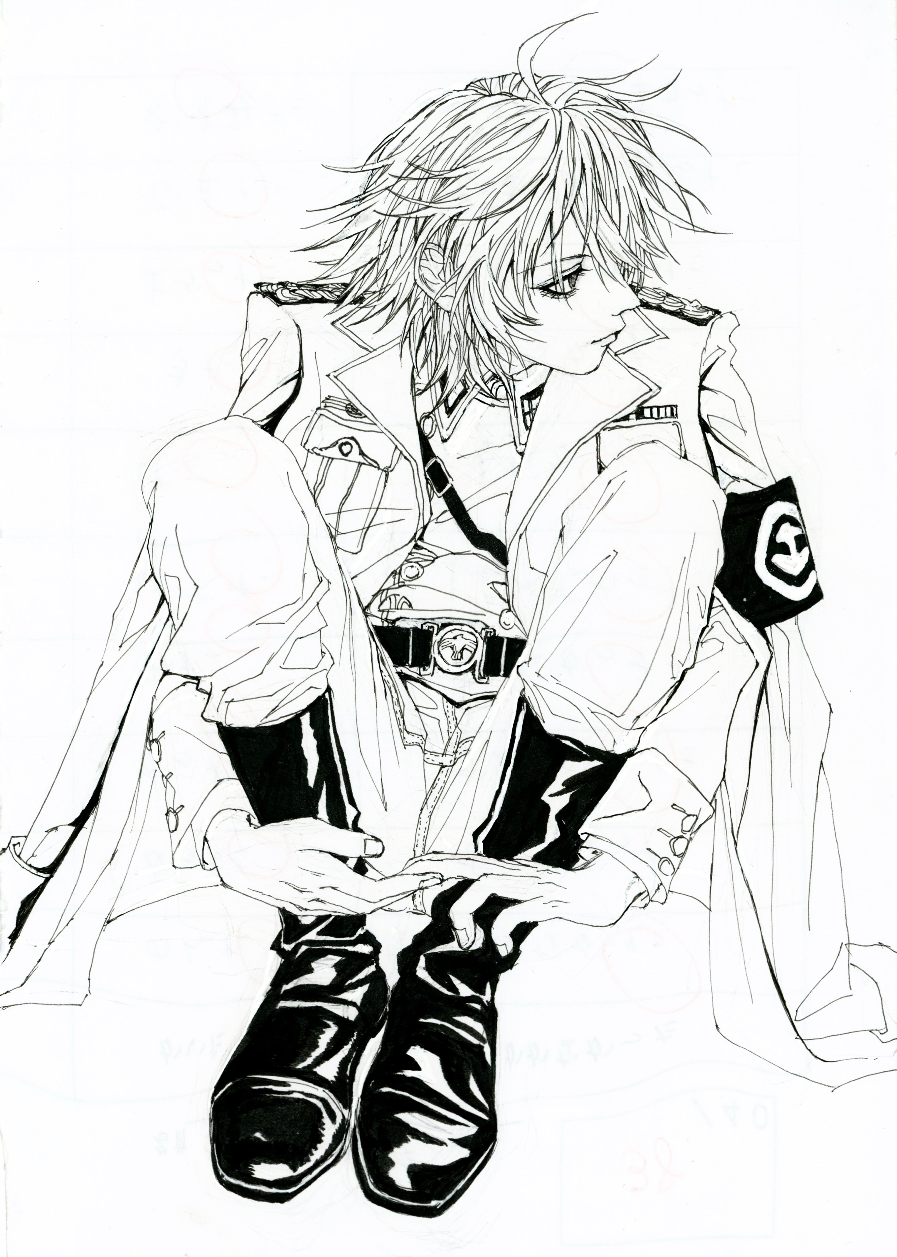 niwanosekai, original, absurdres, highres, 1990s (style), 1boy, boots, full body, leather, leather boots, monochrome, on floor, pants, retro artstyle, sitting, sketch, solo