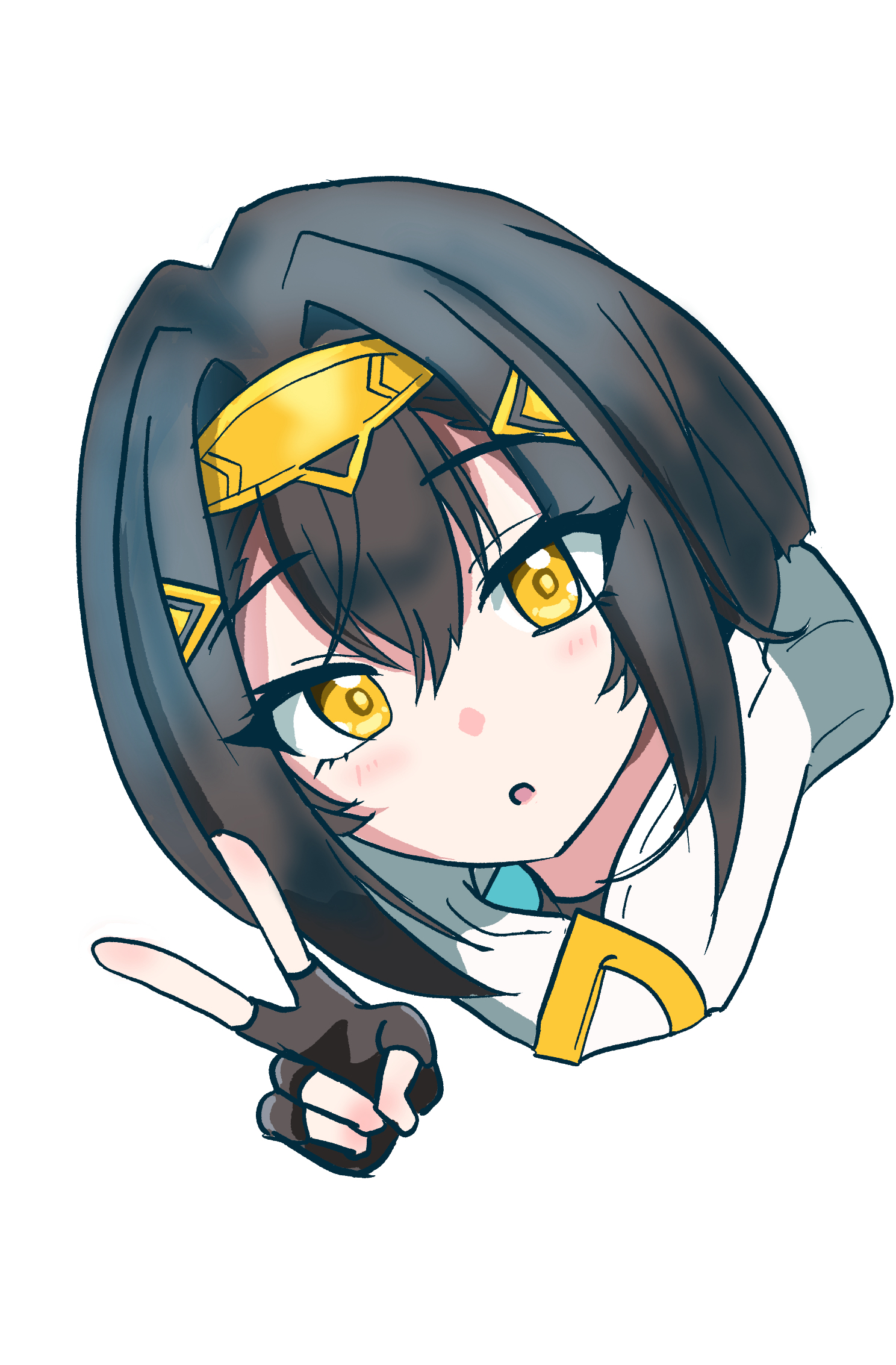 rgs meshia, amber (stella sora), stella sora, commentary, highres, 1girl, :o, black gloves, black hair, cropped head, fingerless gloves, gloves, hair intakes, looking at viewer, medium hair, parted lips, rayman limbs, solo, yellow eyes