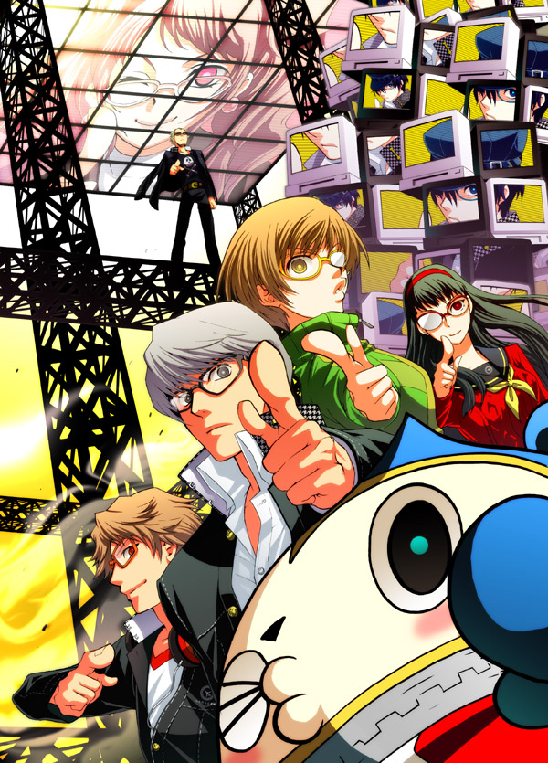 mgk968, amagi yukiko, hanamura yousuke, kujikawa rise, kuma (persona 4), narukami yu, satonaka chie, shirogane naoto, tatsumi kanji, atlus, persona, persona 4, 2girls, 3boys, glasses, multiple boys, multiple girls, one eye closed, school uniform, wink, yellow-framed eyewear