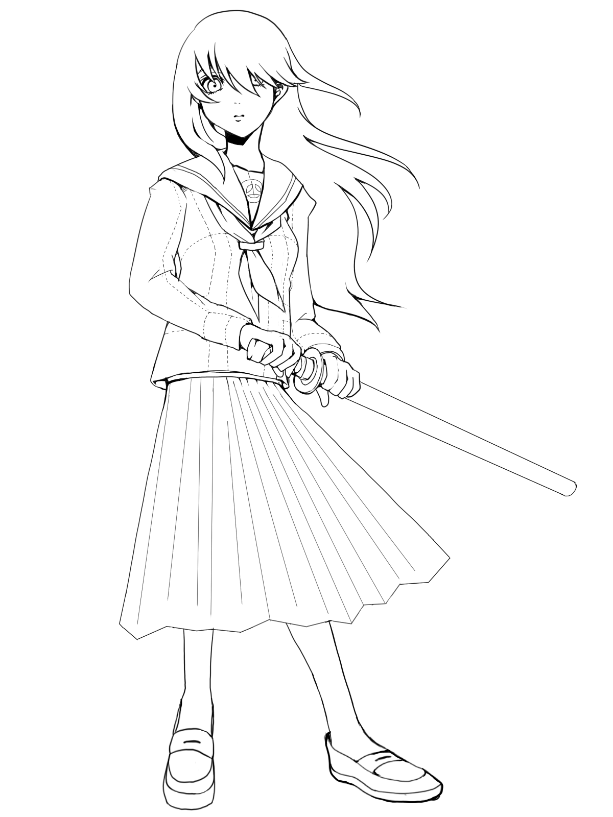 yomo (pixiv), narukami yu, atlus, persona, persona 4, bad id, bad pixiv id, highres, 1girl, female focus, fighting stance, genderswap, genderswap (mtf), greyscale, hair over one eye, katana, lineart, long hair, monochrome, ready to draw, school uniform, sheath, sheathed, solo, sword, weapon