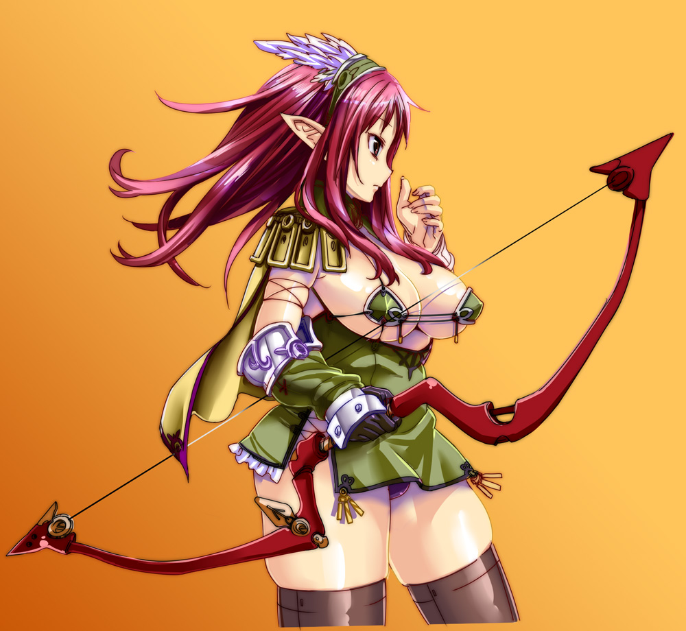 fujimon, original, 1girl, armor, bikini, bikini armor, bikini top only, bow (weapon), breasts, capelet, detached sleeves, female focus, gloves, hairband, large breasts, legs, panties, pink hair, plump, pointy ears, red eyes, solo, swimsuit, thick thighs, thighhighs, thighs, underboob, underwear, weapon