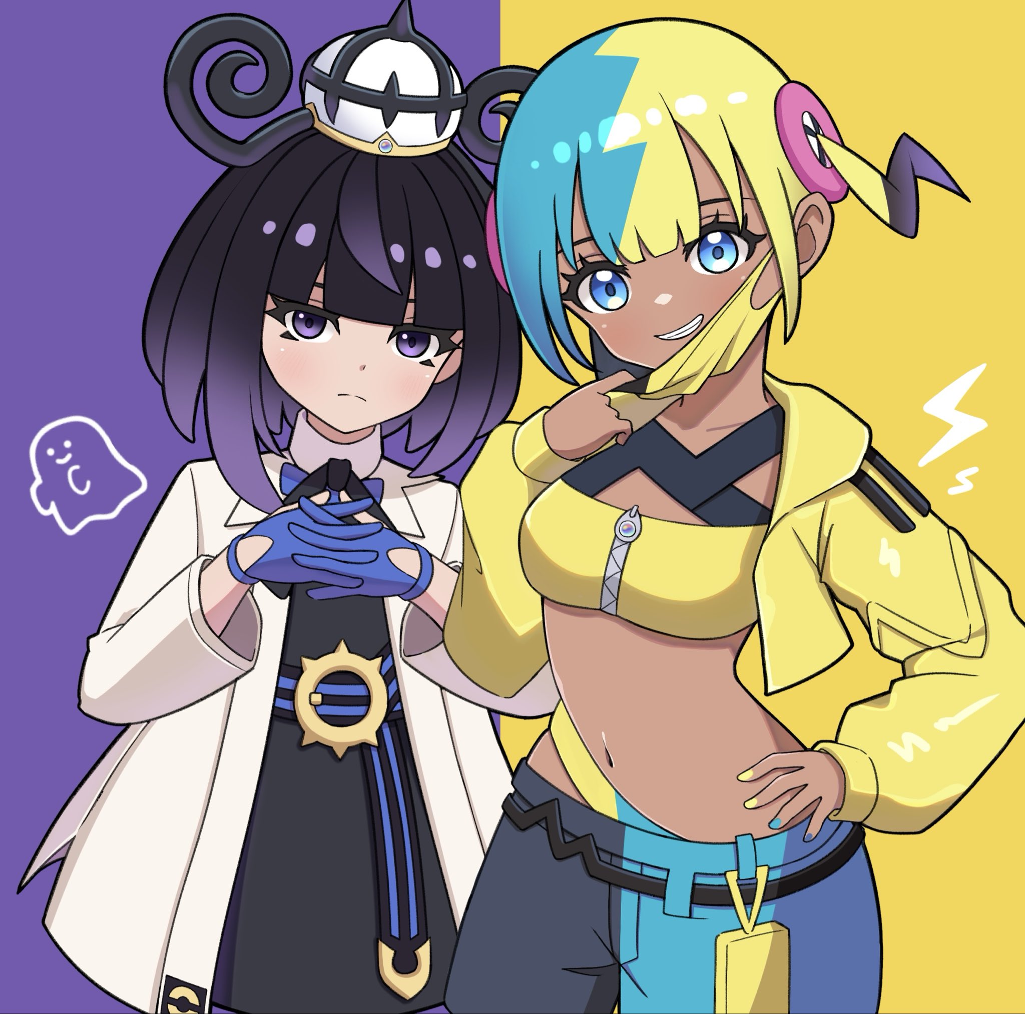 relight, canari (pokemon), gwynn (pokemon), nintendo, pokemon, pokemon legends: z-a, highres, black hair, blonde hair, blue gloves, blue hair, closed mouth, coat, crop top, dark-skinned female, dark skin, dress, electricity, ghost, gloves, gradient hair, hat, looking at viewer, multicolored hair, navel, partially fingerless gloves, purple eyes, purple hair, smile, split-color hair, two-tone background, two-tone hair
