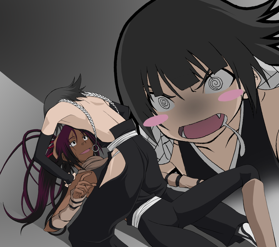 eisbahnx, shihouin yoruichi, sui-feng, bleach, 00s, 2girls, @ @, assertive female, back, backless outfit, bare back, black hair, blush stickers, crazy, dark-skinned female, dark skin, fang, gloves, imminent rape, multiple girls, ponytail, purple hair, saliva, short hair with long locks, twintails, you gonna get raped, yuri