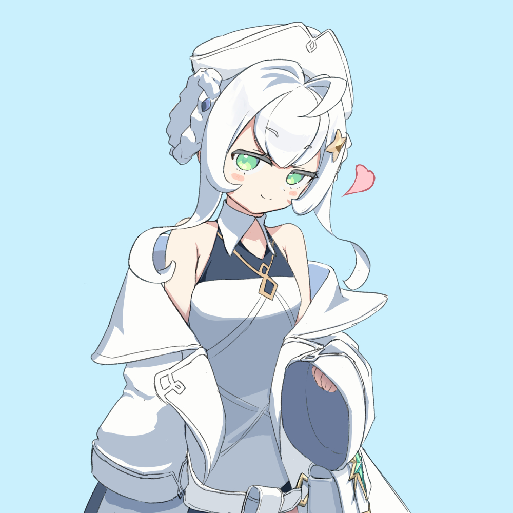 stella sora, commentary request, 1girl, ahoge, armpit crease, bastelina (stella sora), blue background, blush stickers, braid, braided hair rings, closed mouth, coat, dress, green eyes, hair intakes, hair rings, hat, heart, looking at viewer, off shoulder, simple background, sleeveless, sleeveless dress, smile, solo, tamiyabi, upper body, white coat, white dress, white hair, white hat