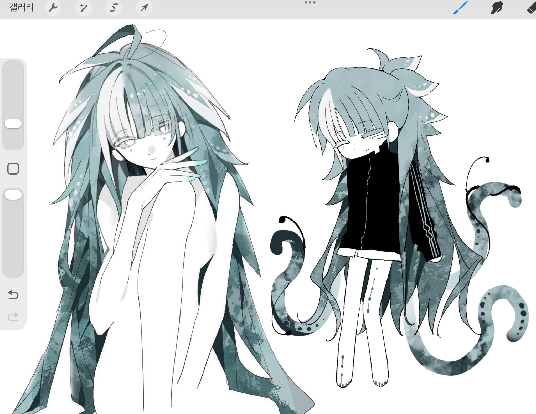 dmdrk (ha ha), original, highres, 1girl, blue hair, chibi, closed mouth, long hair, multicolored hair, solo, tentacle hair, tentacles, white hair