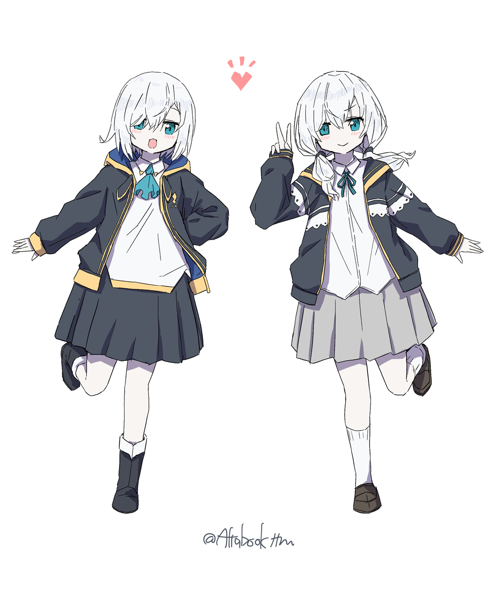 tatami kami, ars almal, ars almal (4th costume), nijisanji, 1girl, 2girls, :d, aqua ascot, ascot, black boots, black jacket, black skirt, blue bow, blue eyes, boots, bow, closed mouth, collared shirt, full body, grey skirt, heart, hood, hood down, hooded jacket, jacket, looking at viewer, low twintails, multiple girls, official alternate costume, open clothes, open jacket, open mouth, shirt, short hair, skirt, smile, socks, standing, standing on one leg, twintails, twitter username, v, virtual youtuber, white background, white hair, white shirt, white socks